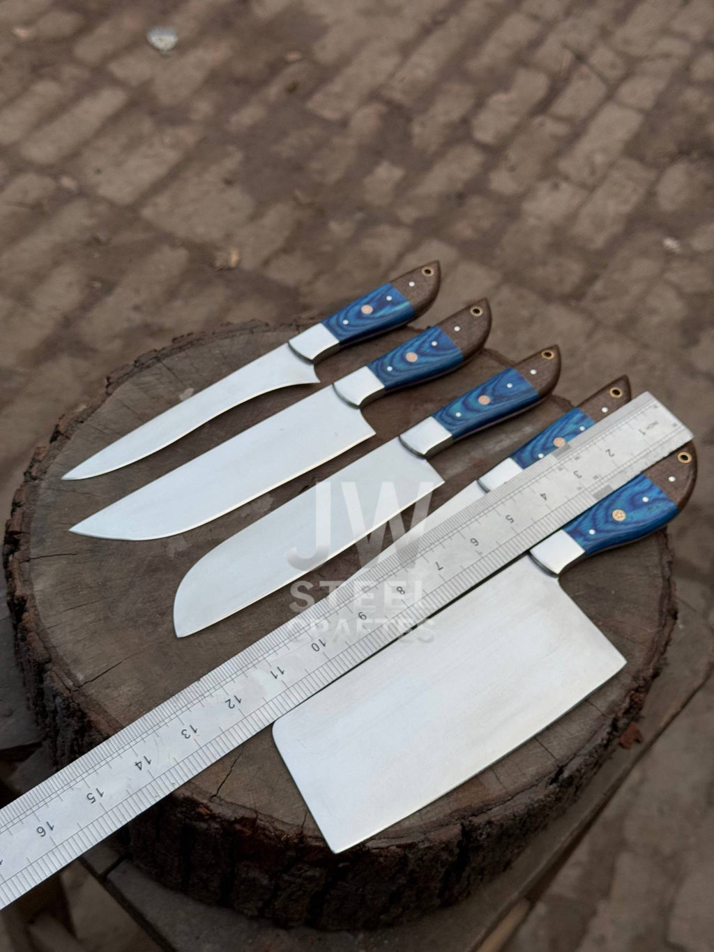 5-Piece Handmade Kitchen Knife Set — Polished Stainless Blades with Blue Pakka Wood Handles (Chef + Cleaver Prep Set)