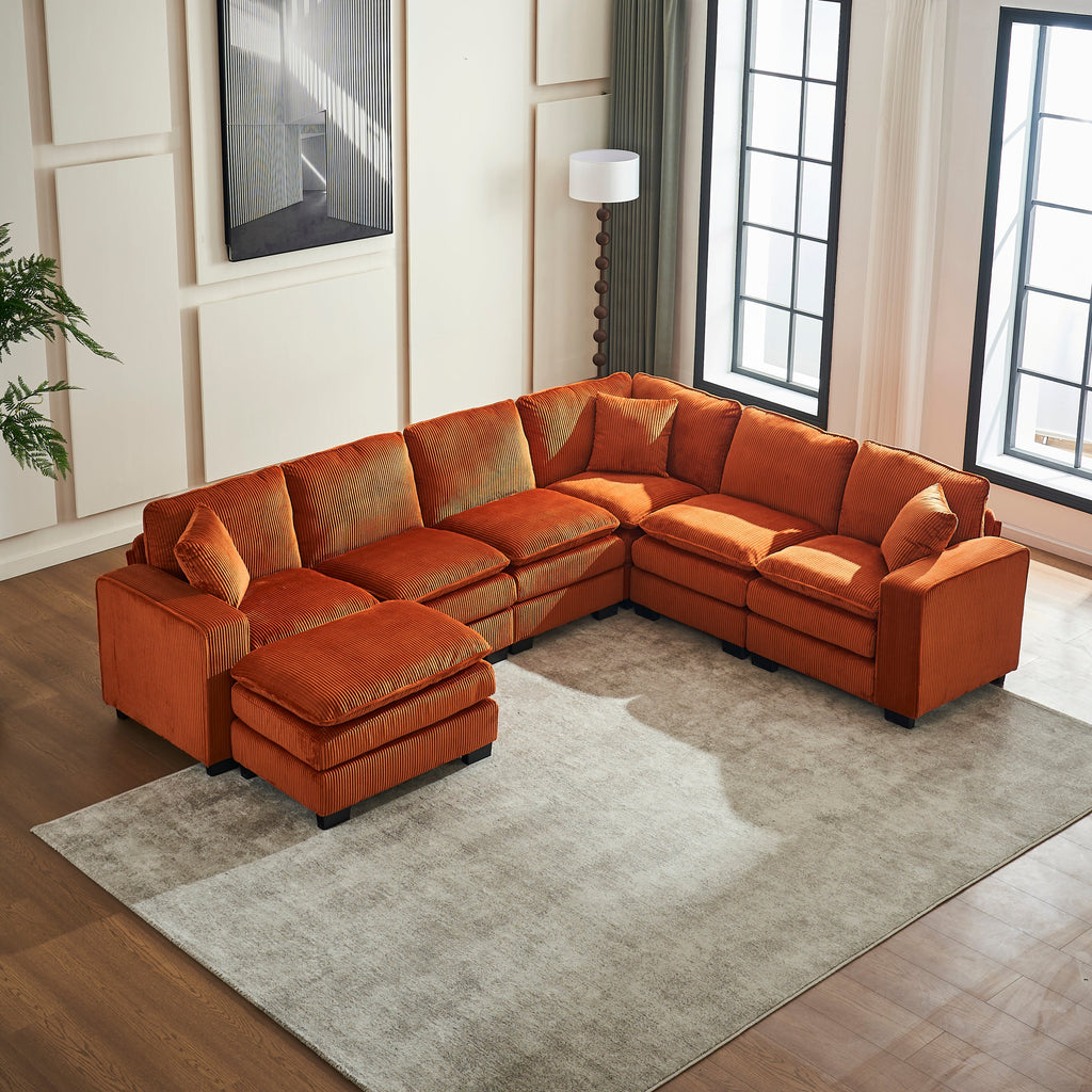 Modern U Shaped 6-seat Sectional Sofa Couch with one Ottoman and three toss pillows ,Modular Sofa for Living Room,Corduroy sofa