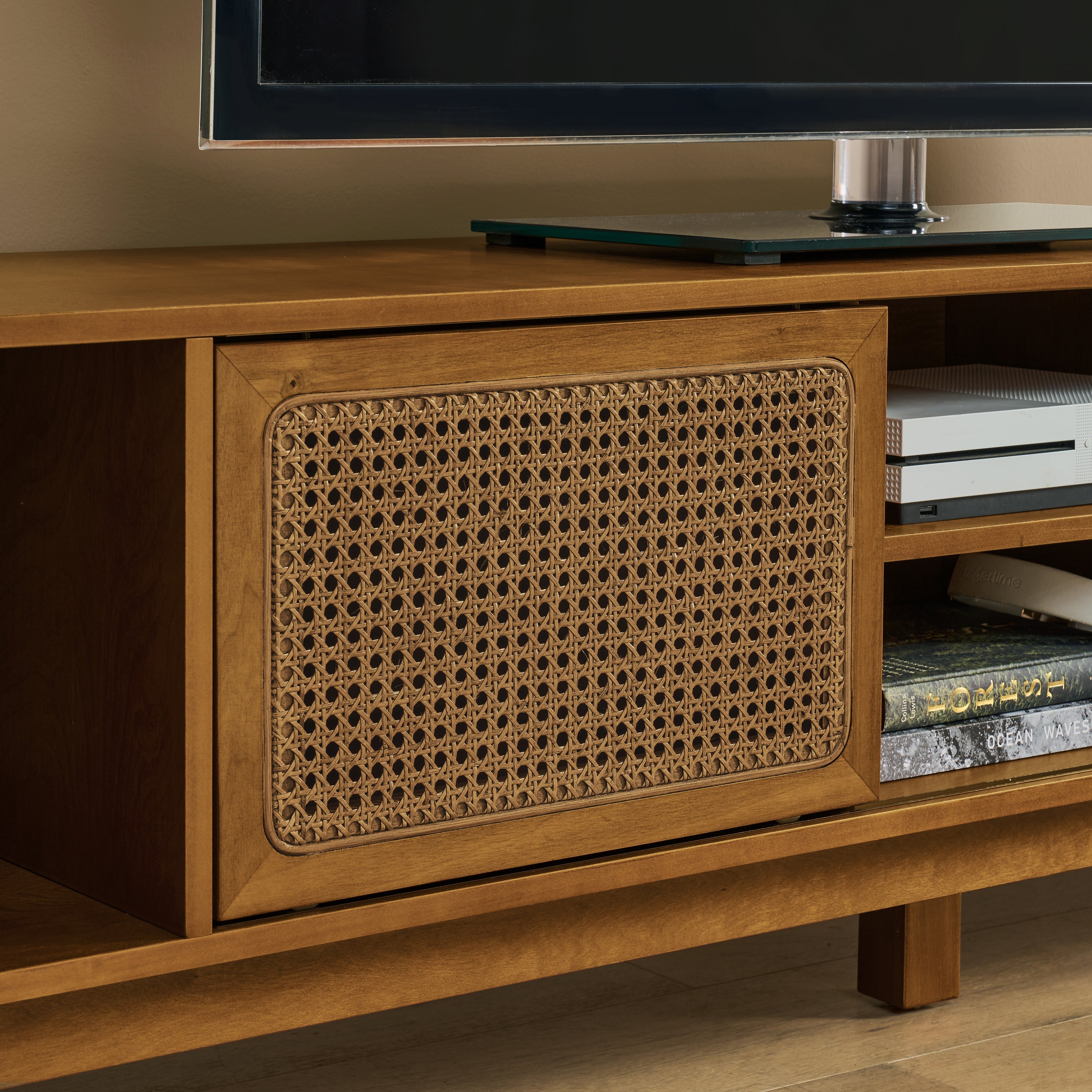 67.9 Inch Mid Century Modern Rattan TV Stand for TVs up to 75', Entertainment Cabinet, Media Console for Living Room Media Room, Solid Wood Feet & Rattan Cabinet Doors - Light Walnut