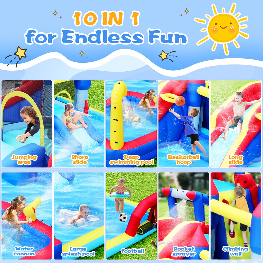 Inflatable 10 in1 slide water park  bouncing house garden with splash pool & water gun & basketball & climbing wall & dual pools & soccer