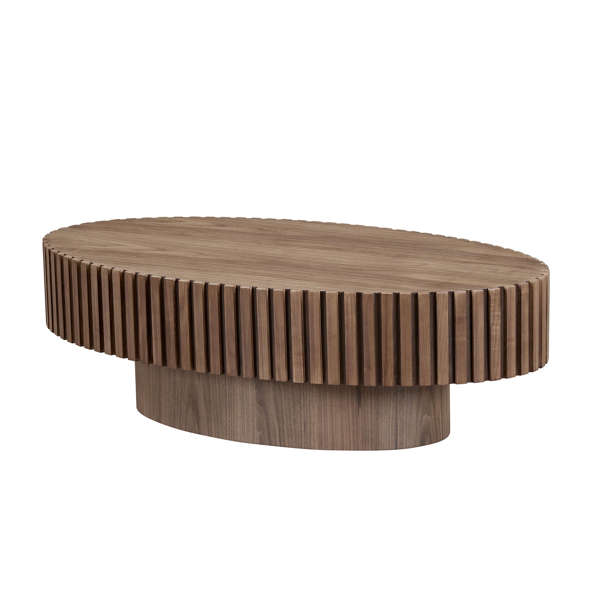Modern Handcraft Drum Coffee Table Length 43.7 inch Ellipse Coffee Table for Living Room,Oval Small Coffee Table with Sturdy Pedestal,Walnut MDF