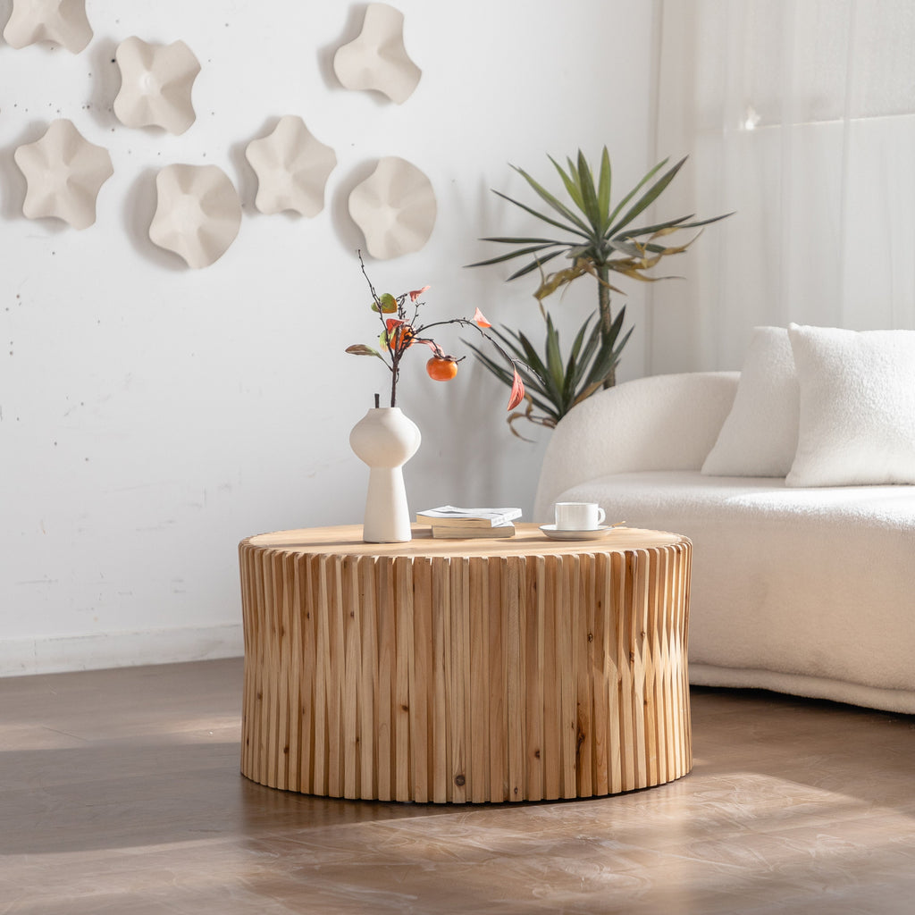 31.5' Retro Fashion Style Cylindrical Coffee Table with Vertical Texture Relief Design,Suitable for Living Room,Office,and Dining Room