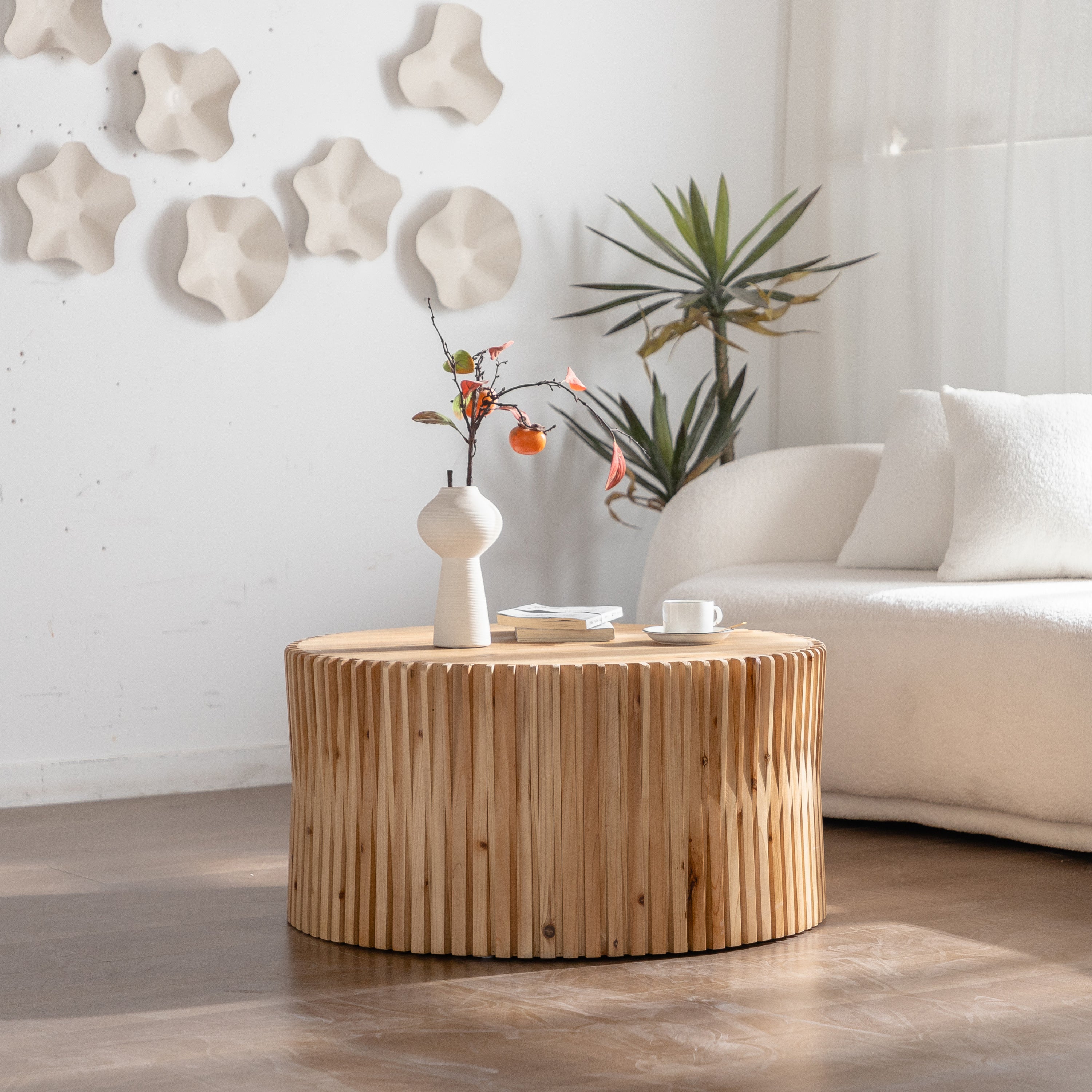 31.5' Retro Fashion Style Cylindrical Coffee Table with Vertical Texture Relief Design,Suitable for Living Room,Office,and Dining Room