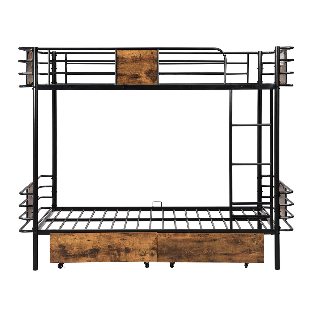 Twin XL over Twin XL Metal Bunk Bed with MDF Board Guardrail and Two Storage Drawers,Black