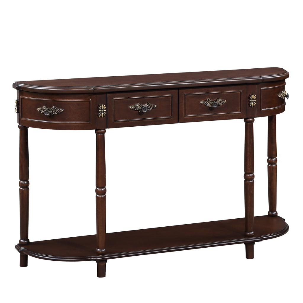Retro Curved Wood Console Table, 52 inch Circular Half Moon Sofa Table with Open Shelf and 2 Drawers, Solid Wood Entry Table for Living Room, Hallway, Espresso