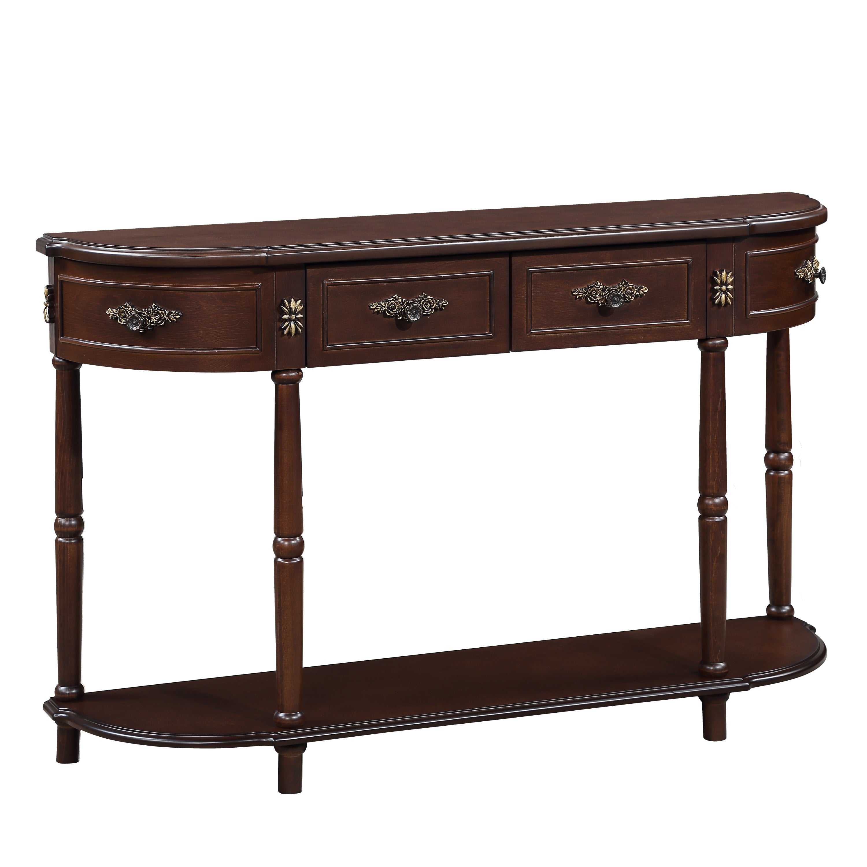Retro Curved Wood Console Table, 52 inch Circular Half Moon Sofa Table with Open Shelf and 2 Drawers, Solid Wood Entry Table for Living Room, Hallway, Espresso