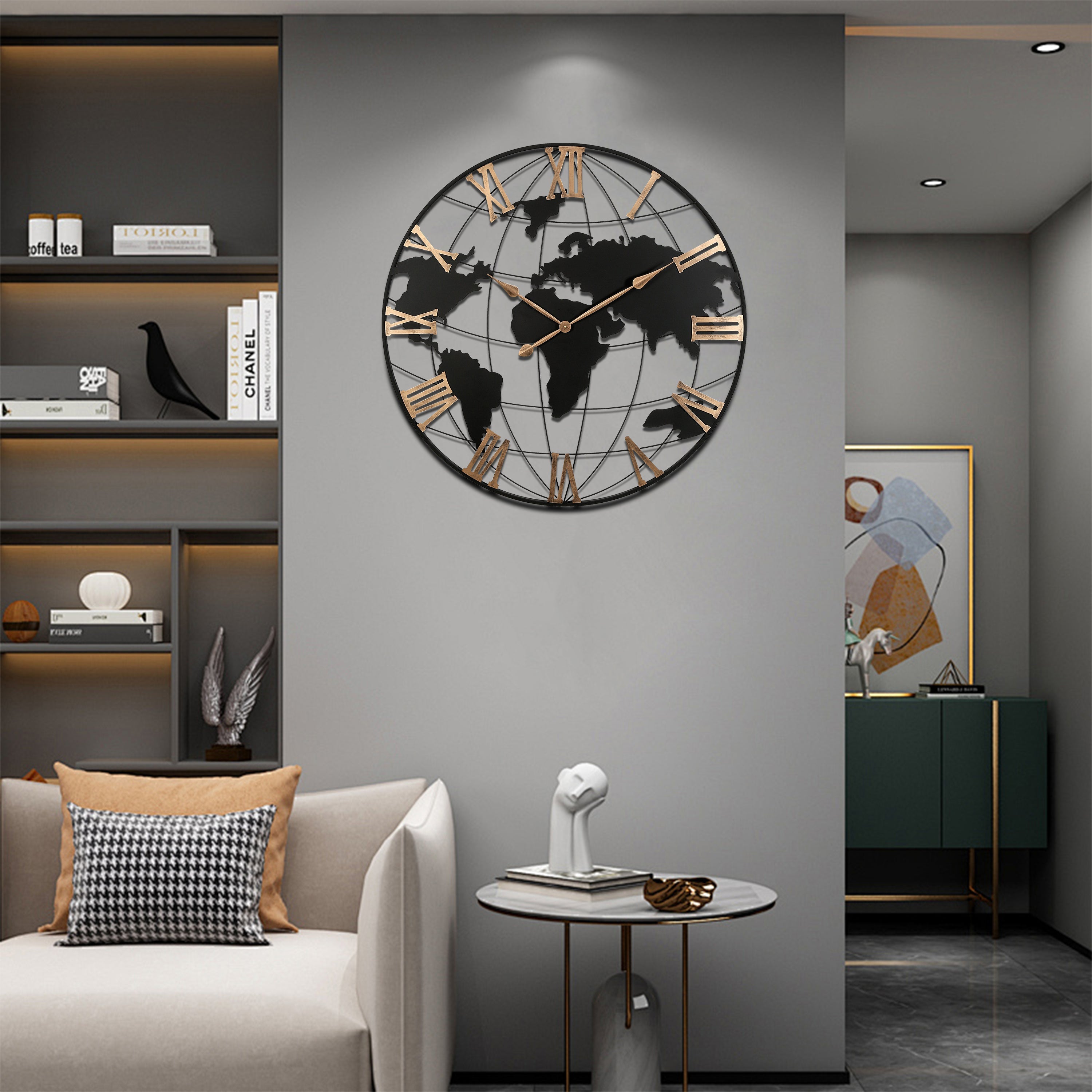36 Inch Extra Giant Large Black Metal Wall Clock, Modern Silent World Map Wall Clock with Vintage Gold Roman Numeral, Decorative for Living Room, Entryway, Dinning Room, Bedroom