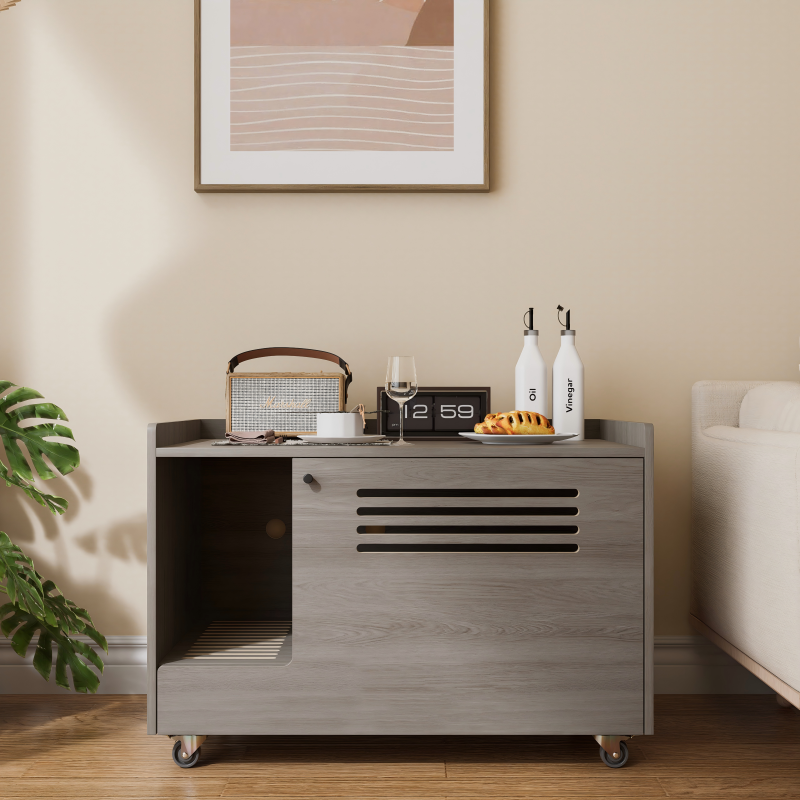 Gray Cat Litter Box Enclosure,Hidden Litter Box Furniture with top side fence,Wooden Pet House Side End Table, Storage Cabinet Bench for Living Room,,Bedroom, Fit Most of Litter Box