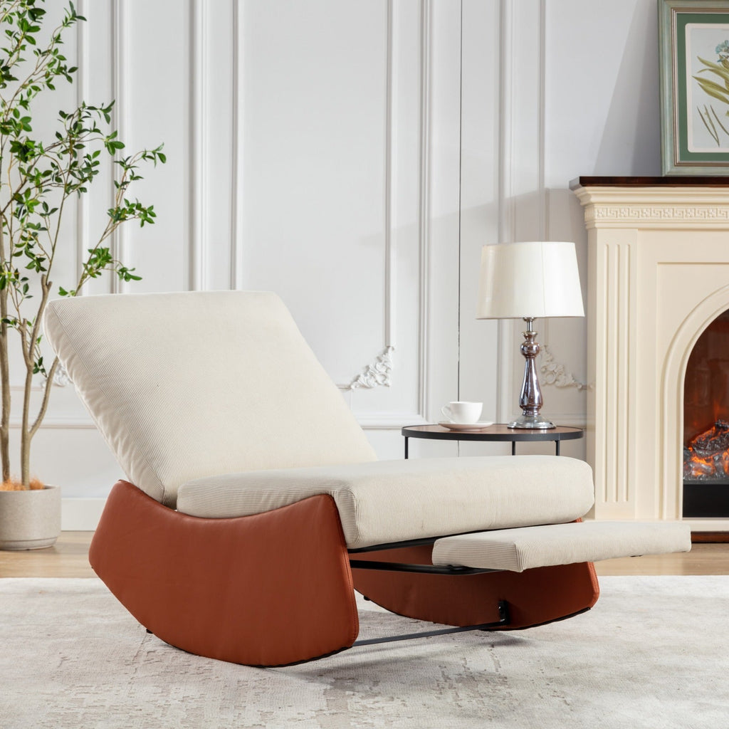 Modern Orange Upholstered Rocking Chair Recliner with Footrest and Adjustable Backrest