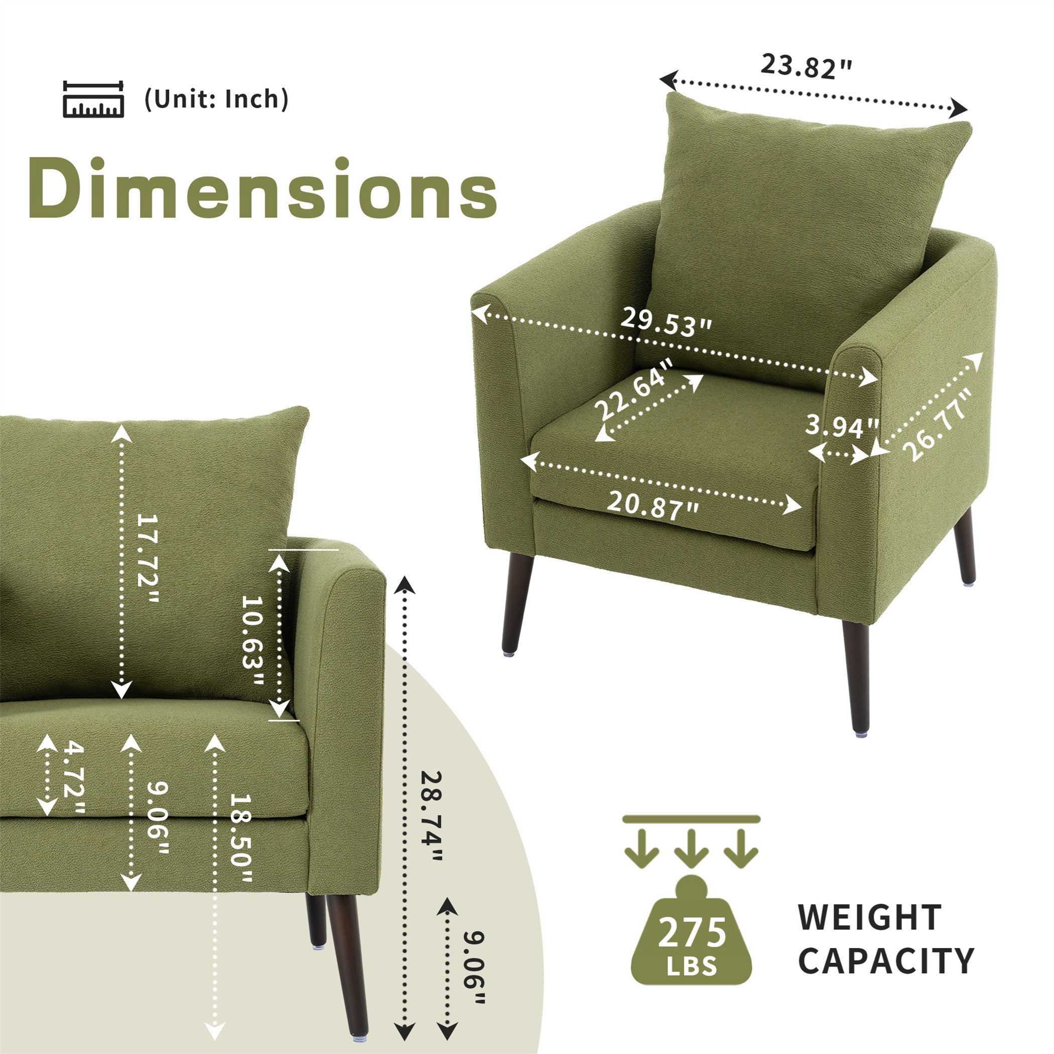 Modern Fabric Accent Chair, Upholstered Armchair for Living Room, Mid Century Fabric Lounge Chair w/Pillow, Comfortable Reading Chair with Wood Legs for Living Room, Bedroom, Reception Room (Olive)