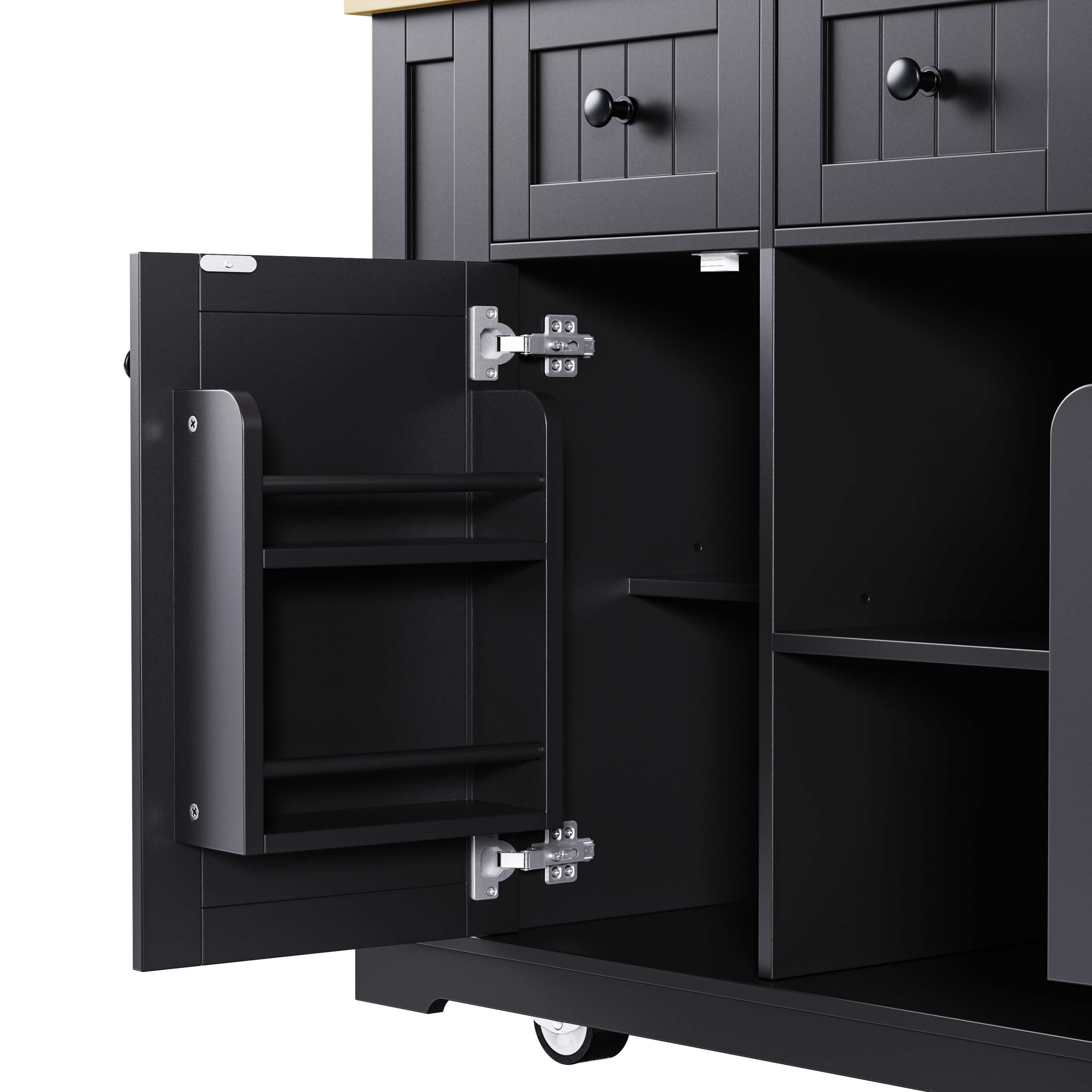 K&K 53inch Large Kitchen Island with 2 Bar Stools, Power Outlet,Door Internal Storage Rack, Kitchen Storage Cart on 5 Wheels with Drop Leaf, 5 Open Side Racks, 3 Drawers, for Kitchen,Dining Room,Black