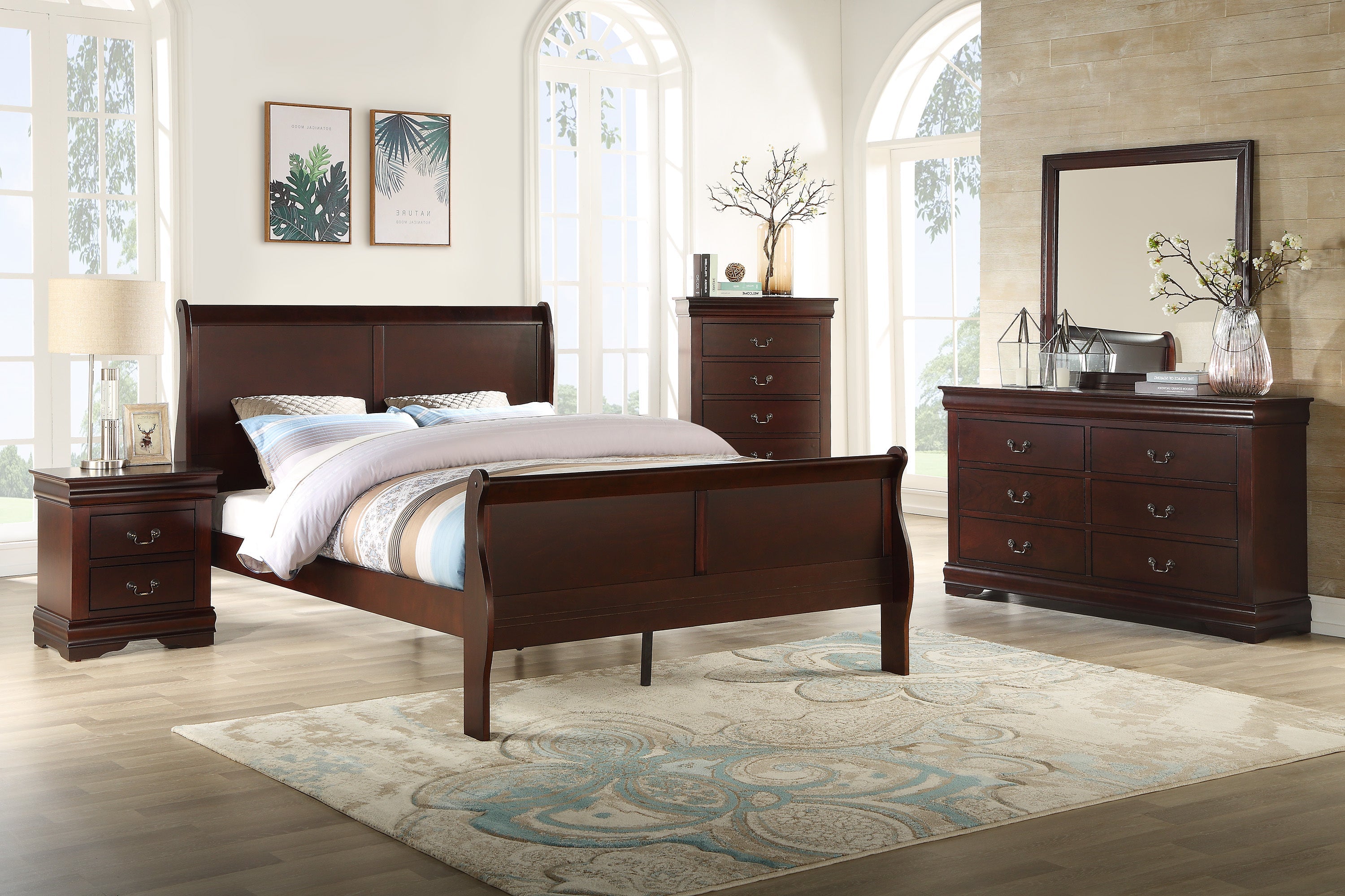 1pc Cherry Finish Five Drawers Louis Philip Chest Solid Wood Contemporary Sleek Ample Storage