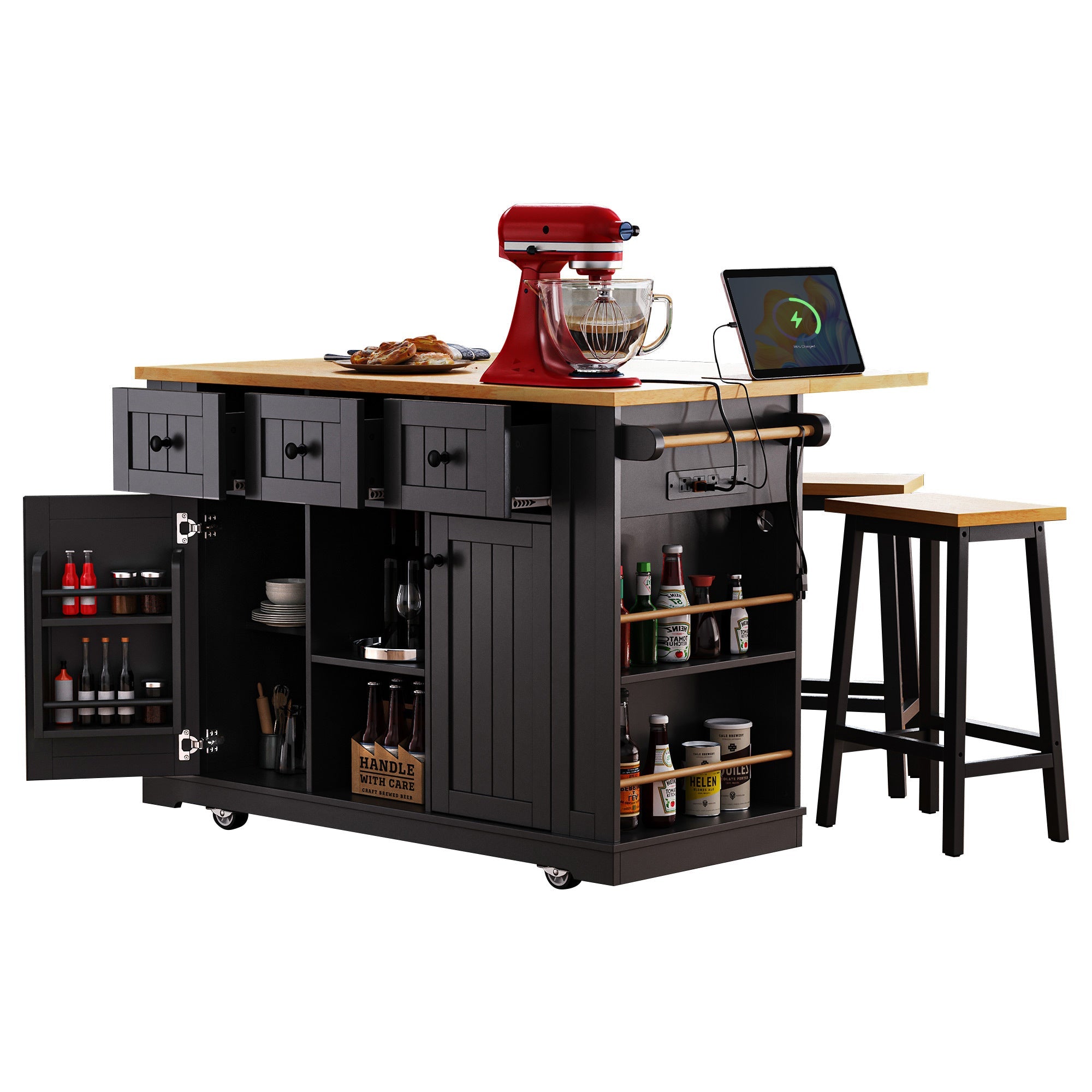 K&K 53inch Large Kitchen Island with 2 Bar Stools, Power Outlet,Door Internal Storage Rack, Kitchen Storage Cart on 5 Wheels with Drop Leaf, 5 Open Side Racks, 3 Drawers, for Kitchen,Dining Room,Black