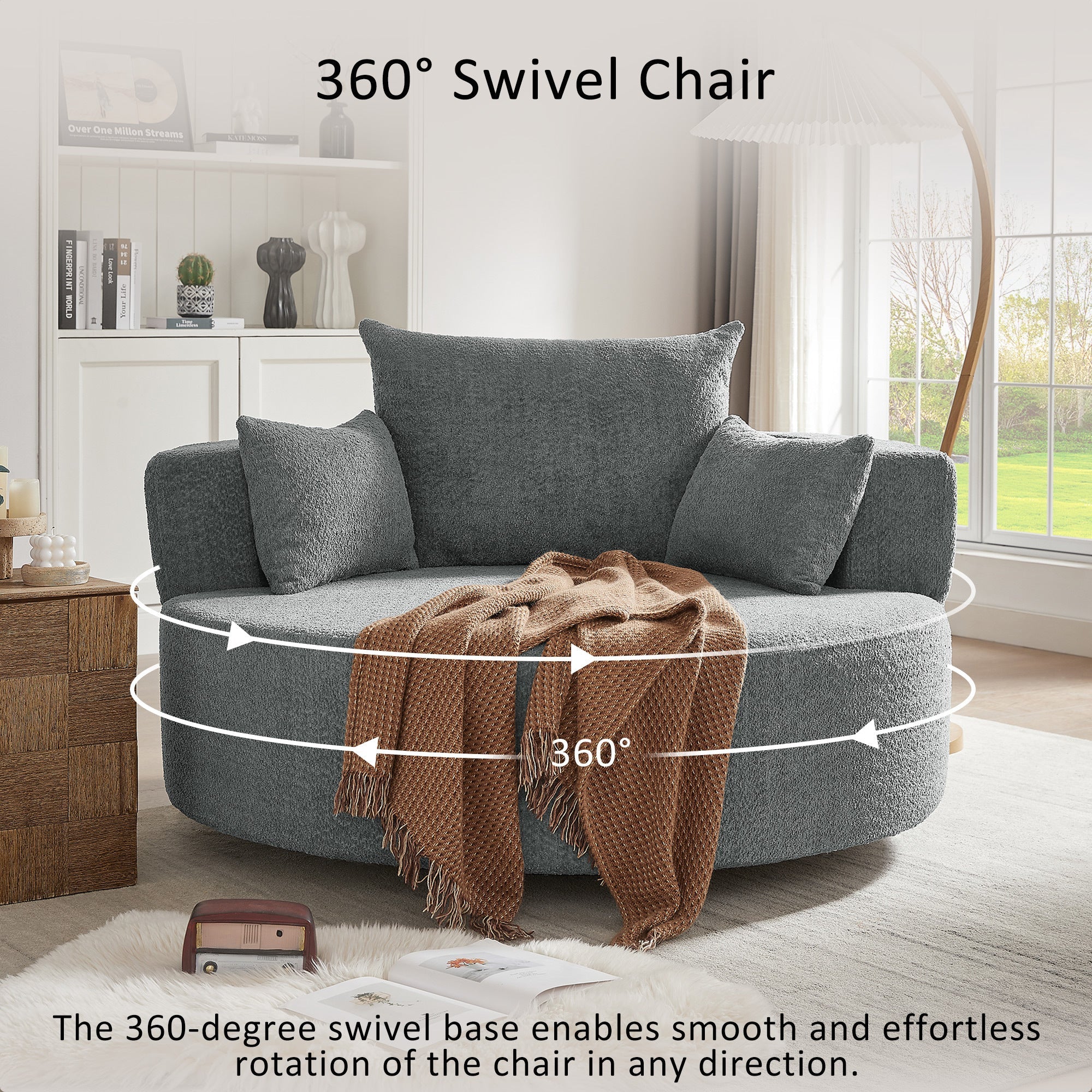 Modern Accent Swivel Barrel Chair with Removable Pillows, Grey Chenille, 56.3x56.3x35.5 in