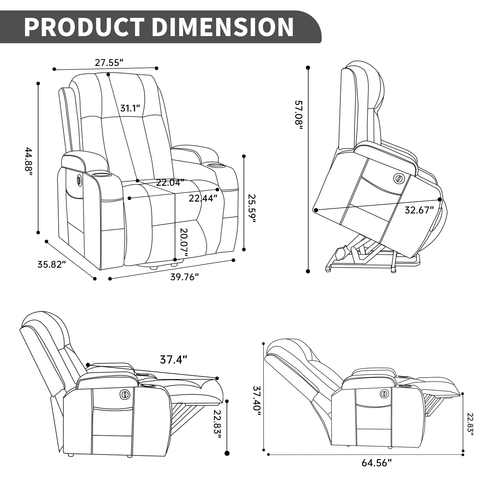Brown PU Infinite Position Up to 350 LBS Power Lift Recliner Chair for Elderly, Heavy Duty Motion Mechanism with 8-Point Vibration Massage and Lumbar Heating, USB Charging Port, Cup Holders