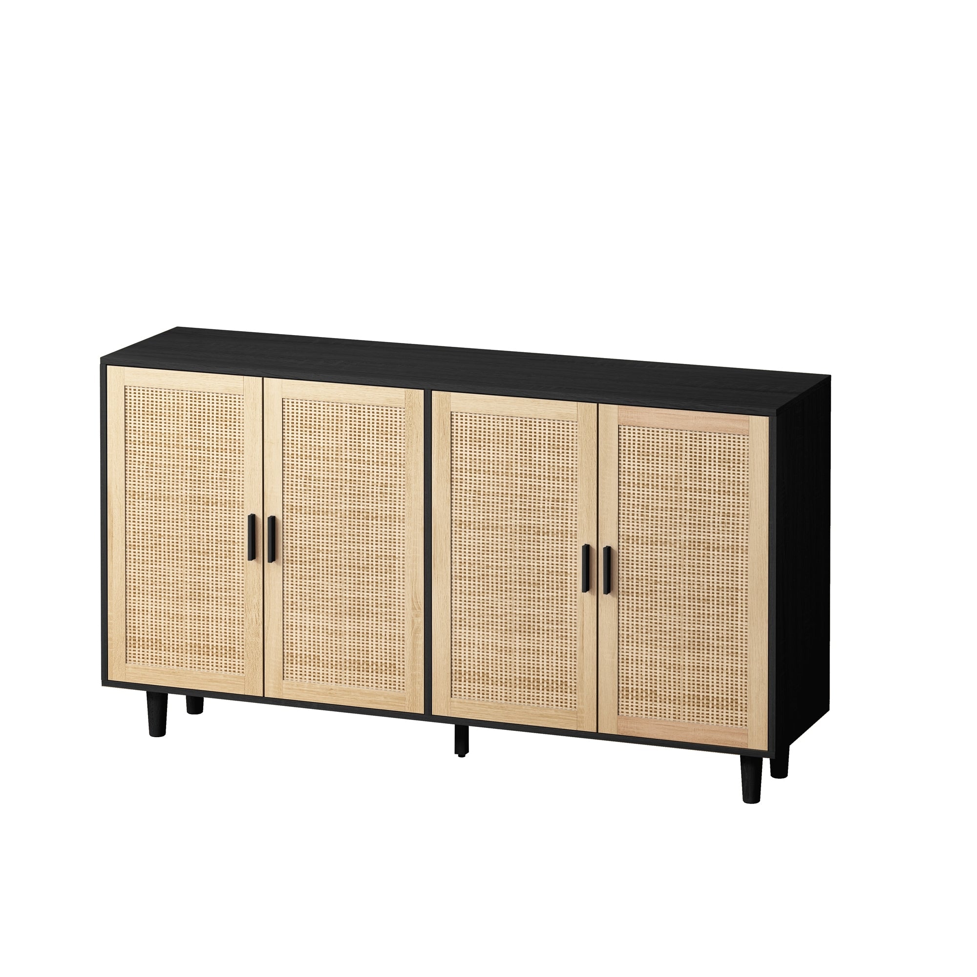 Elegant and Functional 4-Door Rattan Decorative Storage Cabinet for Bedroom, Living Room, Office, Black, Particle Board, 62.20'