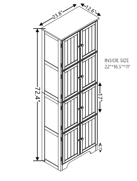 72.4' Tall Storage Cabinet Tall Storage Cabinet with 8 Doors and 4 Shelves ,Bookshelf Living Room, Kitchen, Dining Room, Office  Freestanding Storage Cabinet,Oak