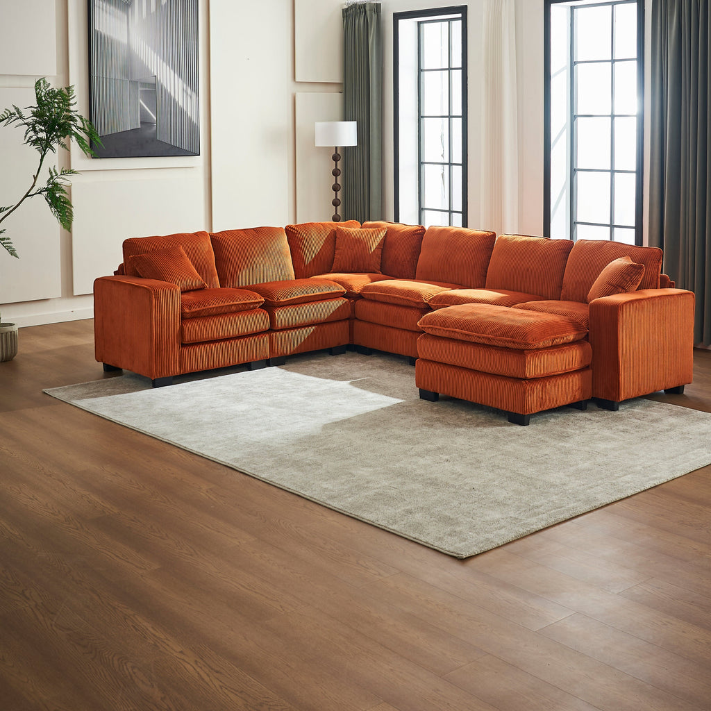 Modern U Shaped 6-seat Sectional Sofa Couch with one Ottoman and three toss pillows ,Modular Sofa for Living Room,Corduroy sofa