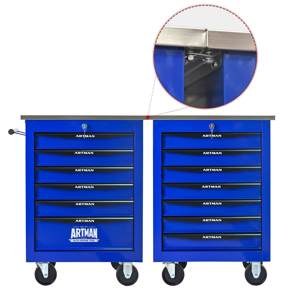7 Drawers Multifunctional Tool Cart with Wheels,Metal Rolling Tool Cart Storage for Garage Workshop Warehouse Repair Shop--With Stainless Steel Roof- BLACK&BLUE