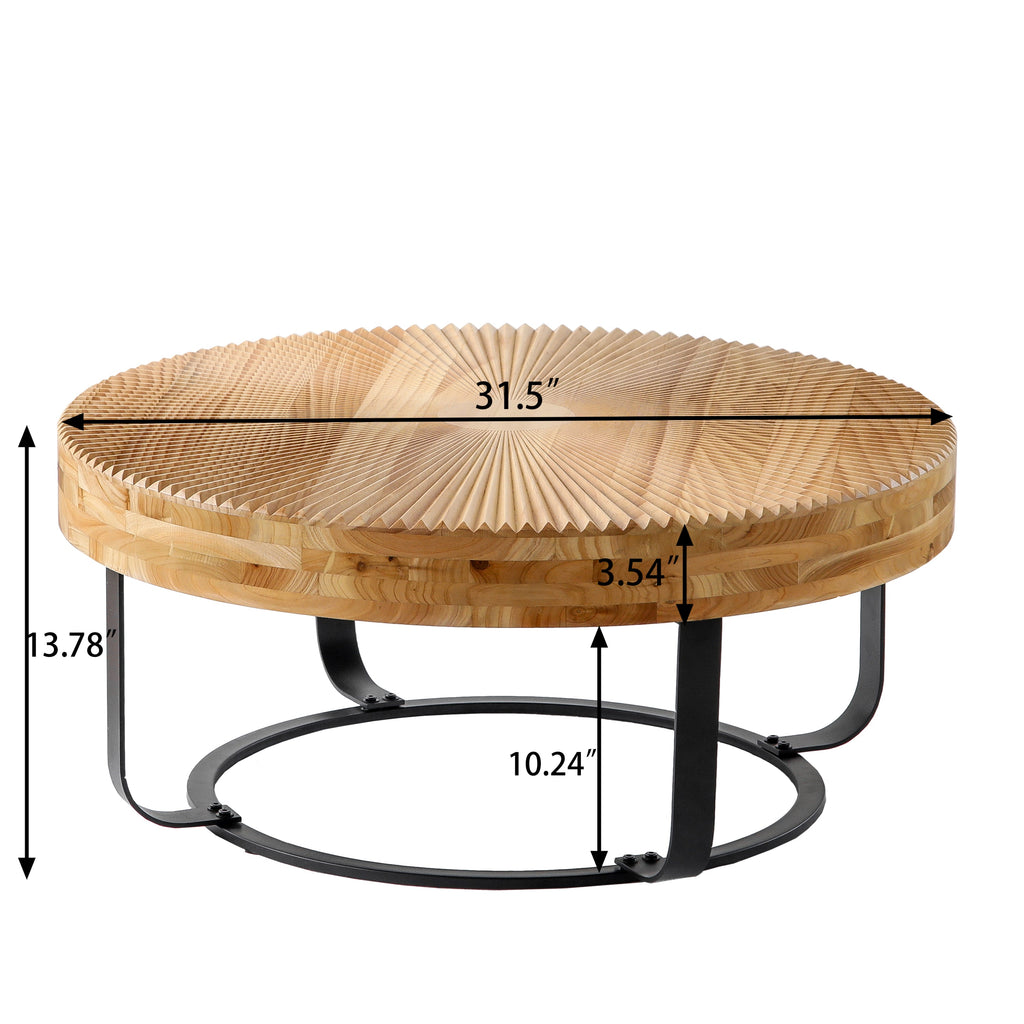 Modern Round Coffee Table Wooden Carving Pattern Coffee Table with Metal Legs for Living Room Reception Room Office ,Black