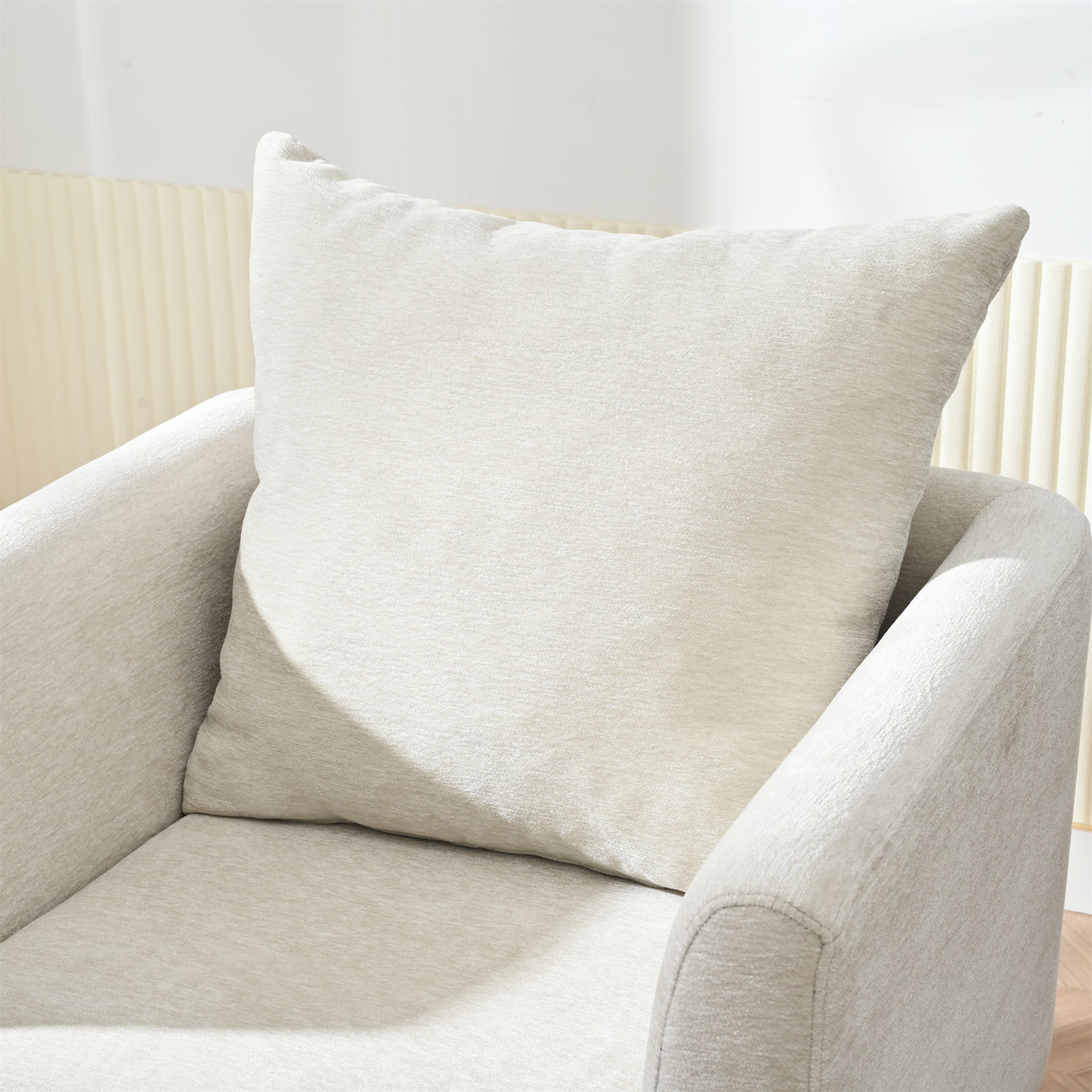 Modern Chenille Accent Chair, Upholstered Armchair for Living Room, Mid Century Fabric Lounge Chair w/Pillow, Comfortable Reading Chair with Wood Legs for Living Room, Bedroom, Reception Room (Beige)