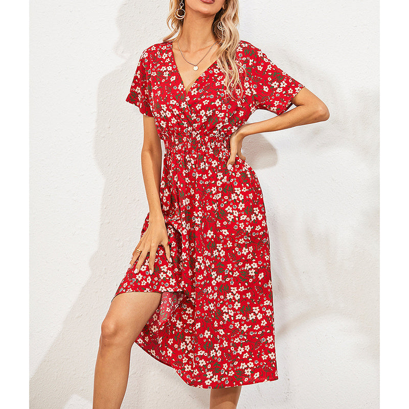 Boho V Neck Floral Print Short Sleeve Mini Dress Cute Smocked Waist Short Dress