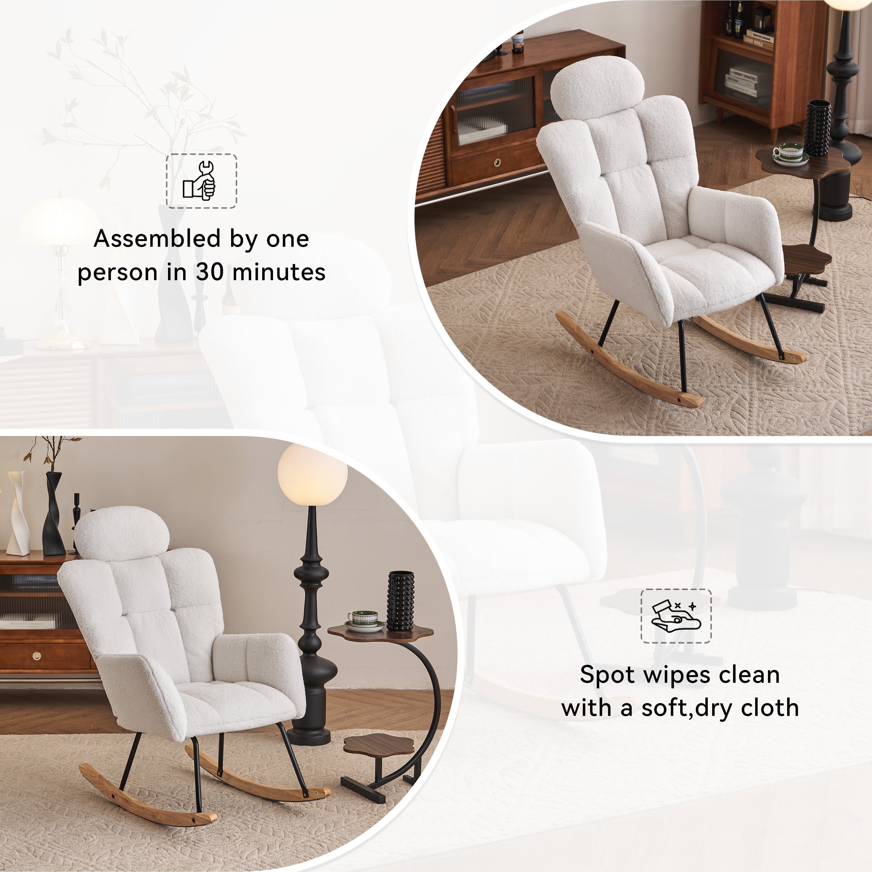 Modern Ivory Teddy Fabric Upholstered Nursery Rocking Glider Chair with Padded Seat and High Backrest