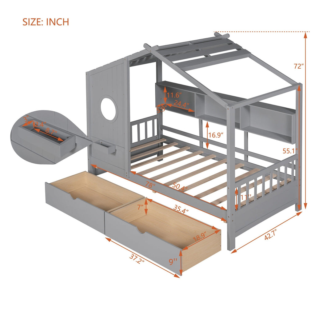Wooden Twin Size House Bed with 2 Drawers,Kids Bed with Storage Shelf, Gray(Old SKU: HL000051AAE)