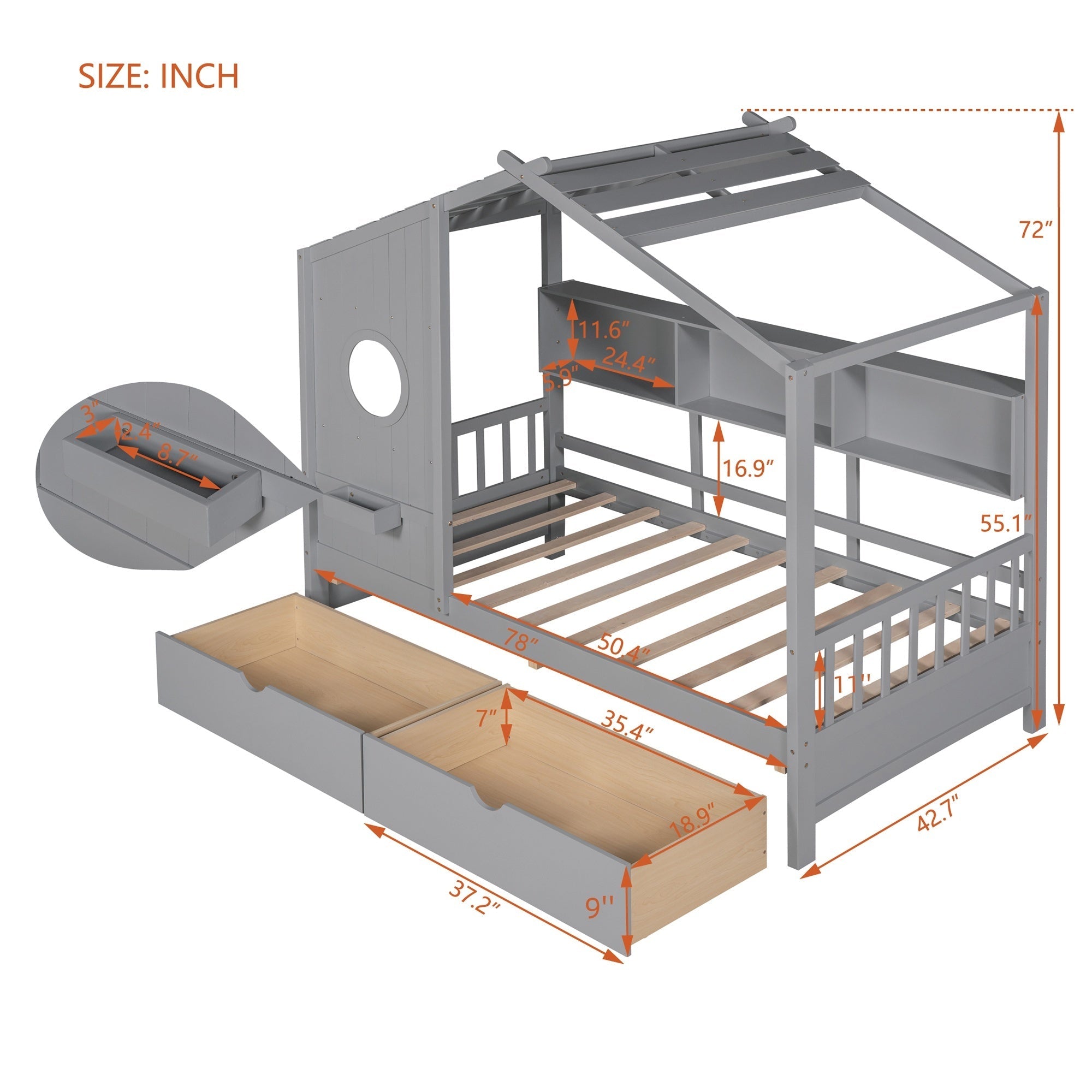Wooden Twin Size House Bed with 2 Drawers,Kids Bed with Storage Shelf, Gray(Old SKU: HL000051AAE)