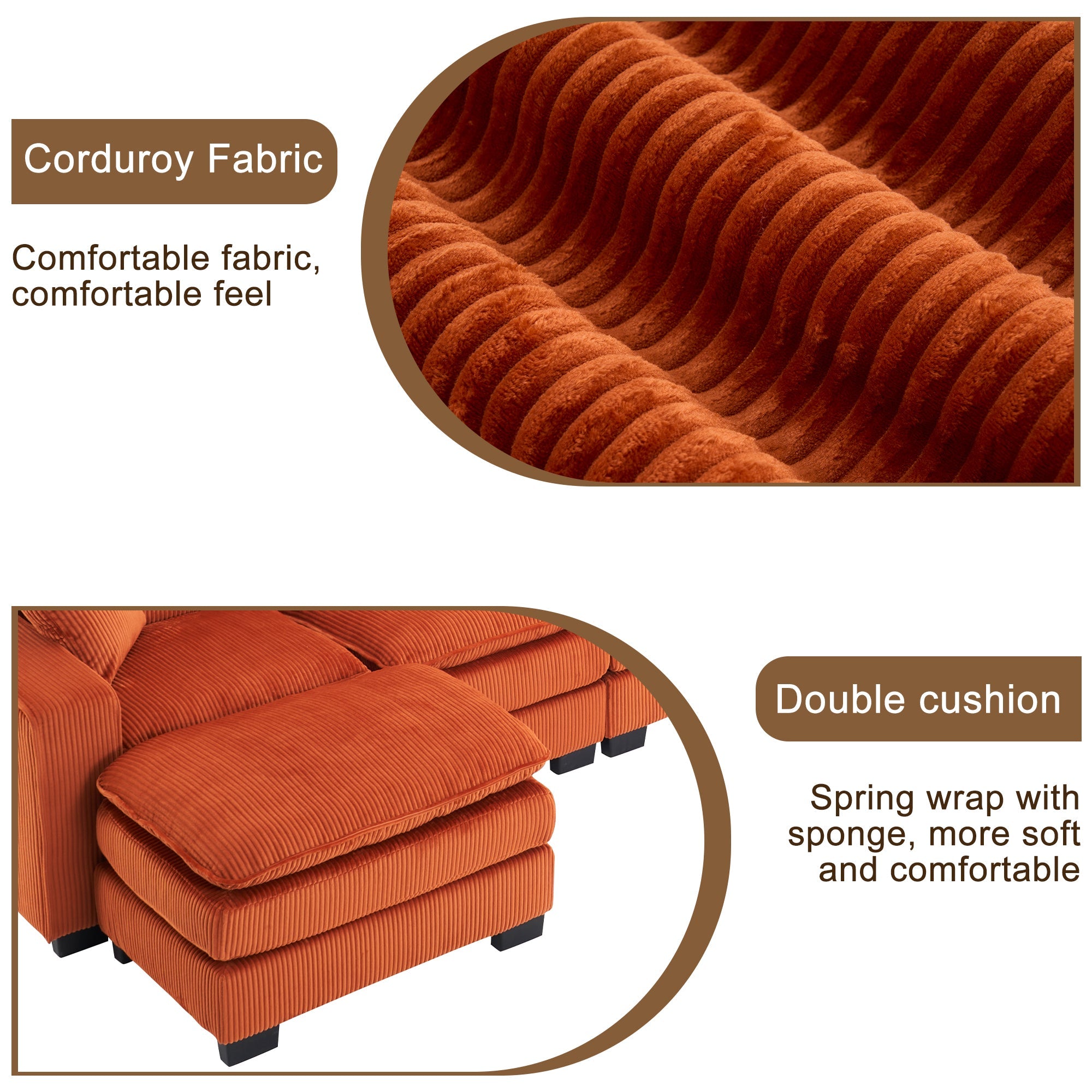 Modern U Shaped 6-seat Sectional Sofa Couch with one Ottoman and three toss pillows ,Modular Sofa for Living Room,Corduroy sofa