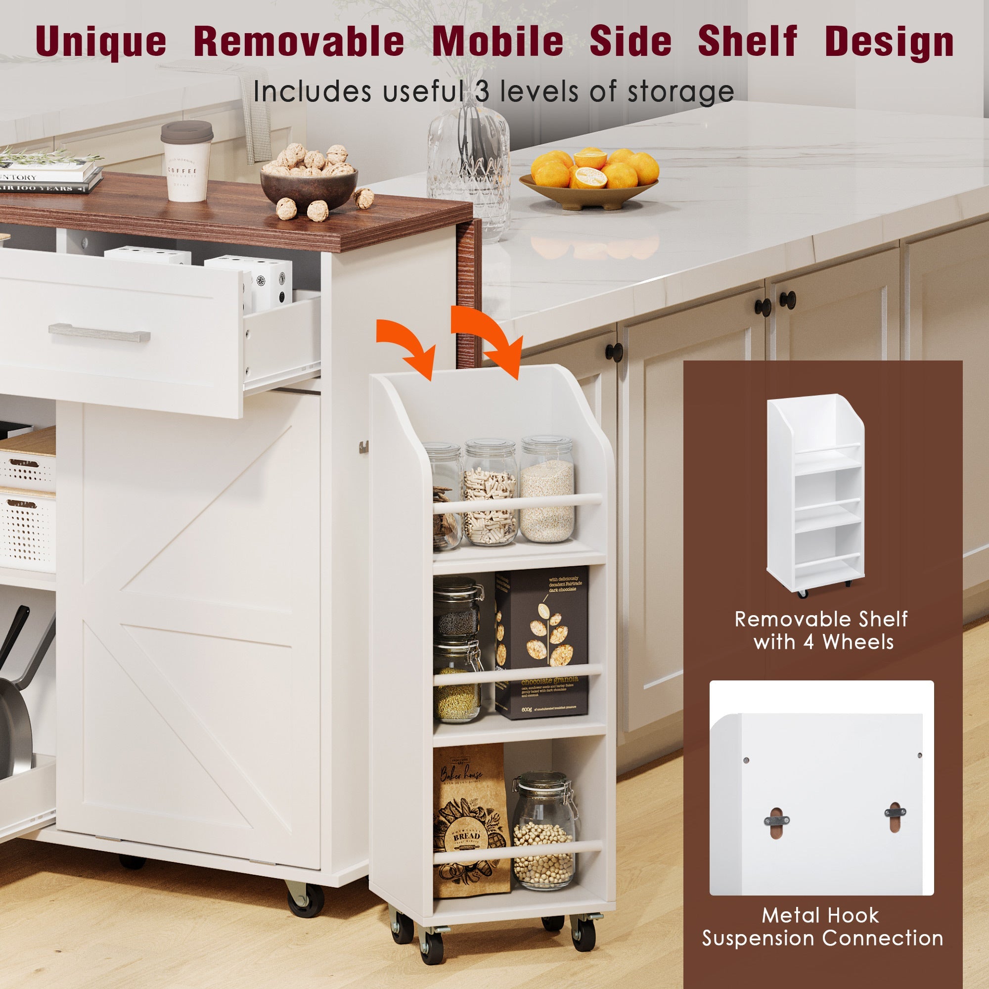 K&K 47.2' Farmhouse Kitchen Island with Drop Leaf, Kitchen Storage Island with Removable Side Racks, Two Drawers, Rolling Kitchen Cart on Wheels with Towel Rack, for Home, Kitchen, Dining Room, White