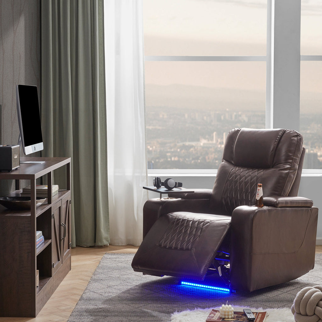 Power Motion Recliner with USB Charging Port, Hidden Arm Storage, 2 Cup Holders, 360° Swivel Tray Table, Brown PU Leather