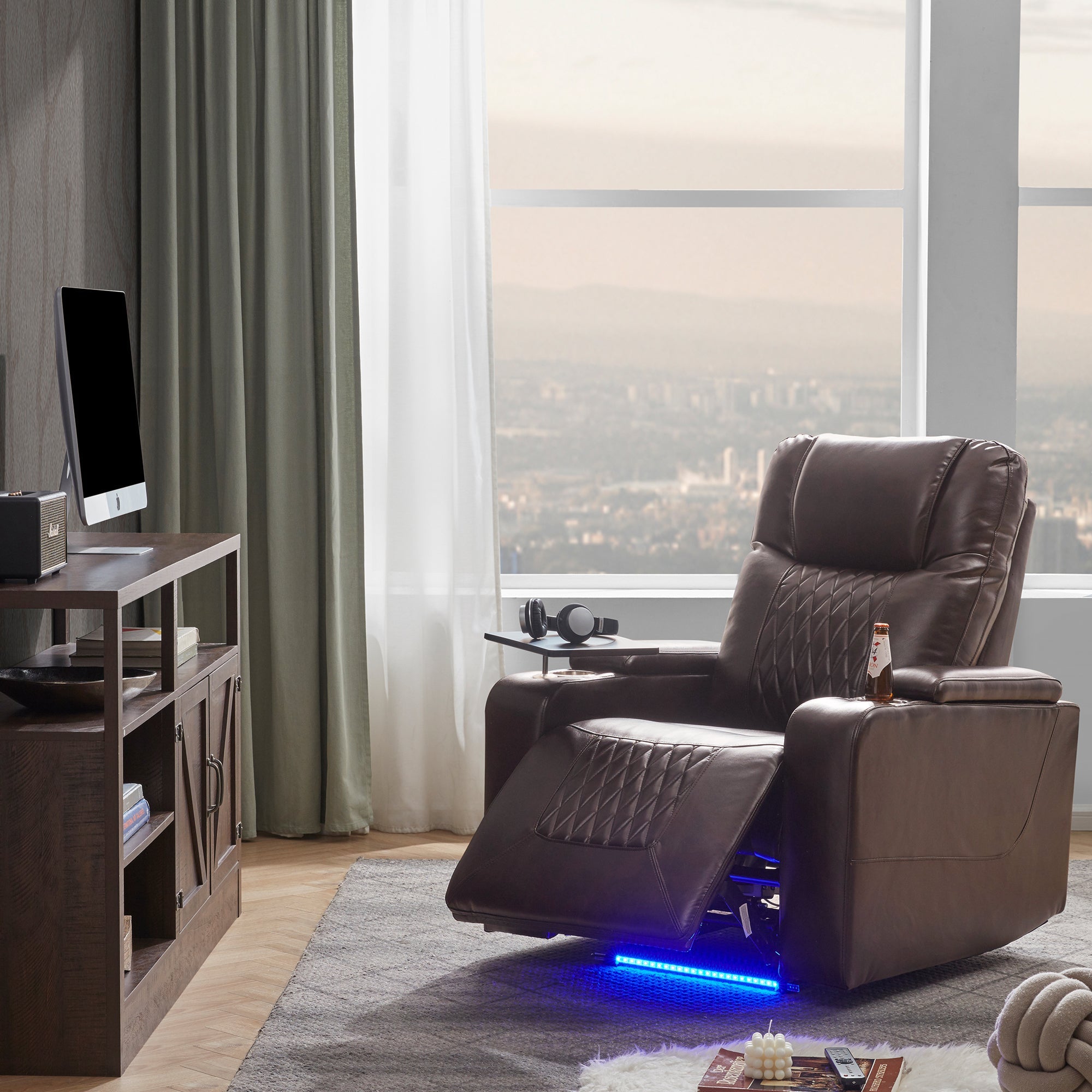 Power Motion Recliner with USB Charging Port, Hidden Arm Storage, 2 Cup Holders, 360° Swivel Tray Table, Brown PU Leather