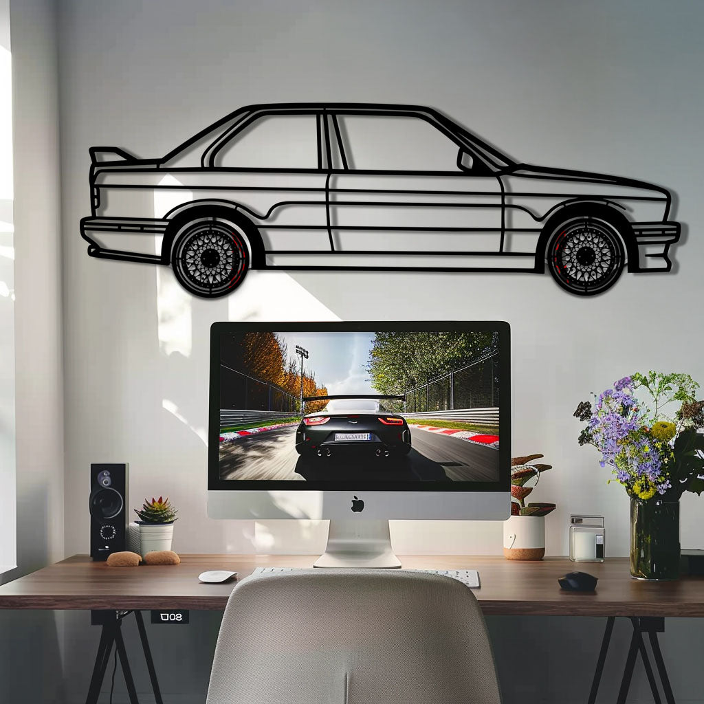 BMW E30 M3 Metal Car Wall Art with Rotating Wheels - Classic M Power Silhouette Decor - Interactive Automotive Wall Art - KAFMEKA100