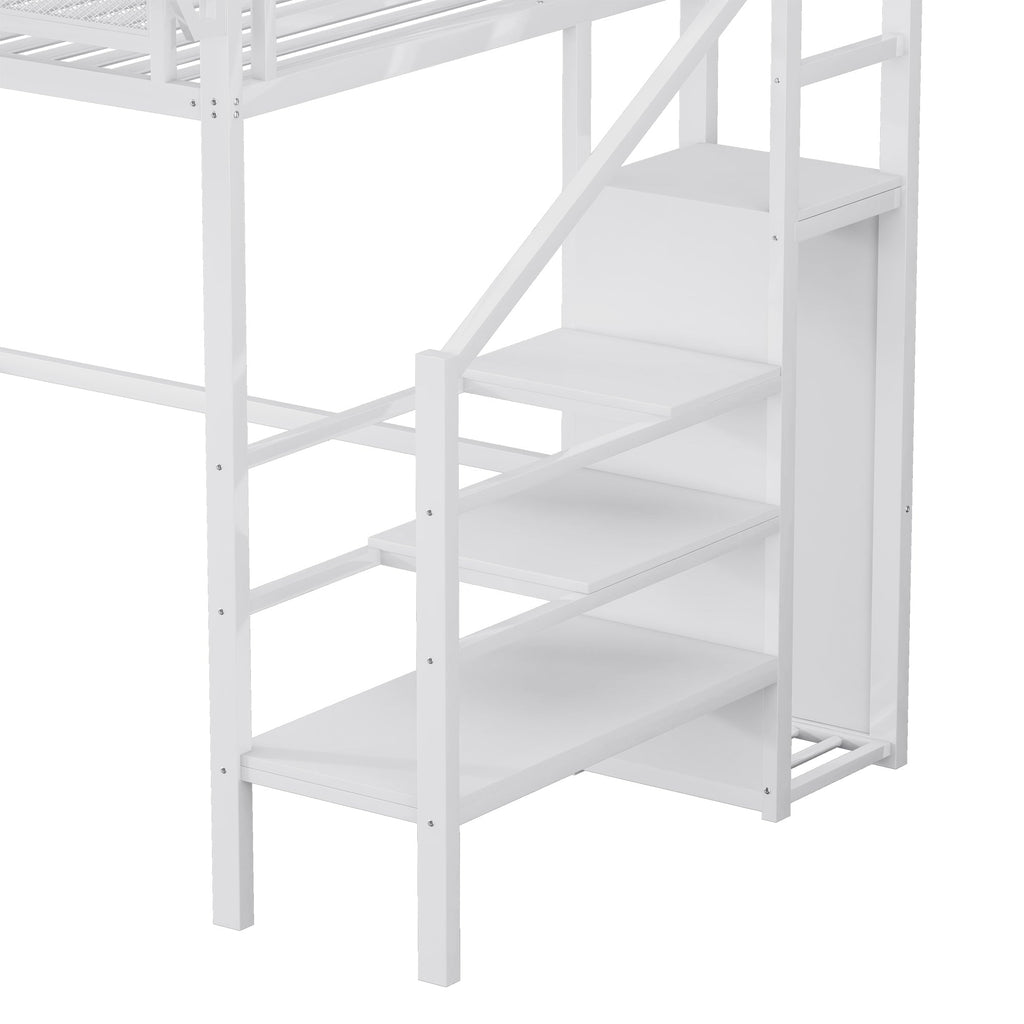 Twin XL Size Loft Bed with Stairs, Metal Full Loft Bed with Storage Shelves, High Loft Bed with Wardrobe for Kids Teens,White(Expect Arrival Date 2025/10/14)