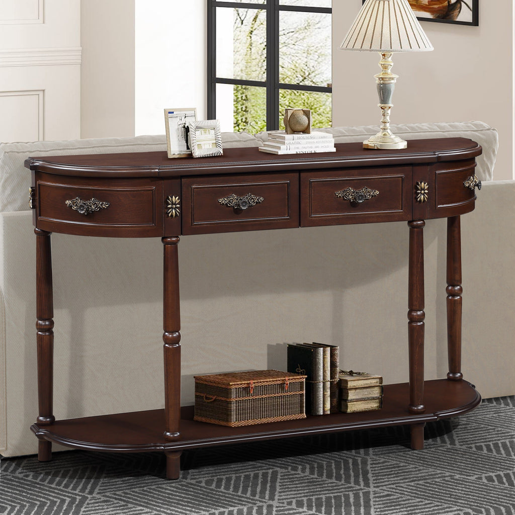 Retro Curved Wood Console Table, 52 inch Circular Half Moon Sofa Table with Open Shelf and 2 Drawers, Solid Wood Entry Table for Living Room, Hallway, Espresso