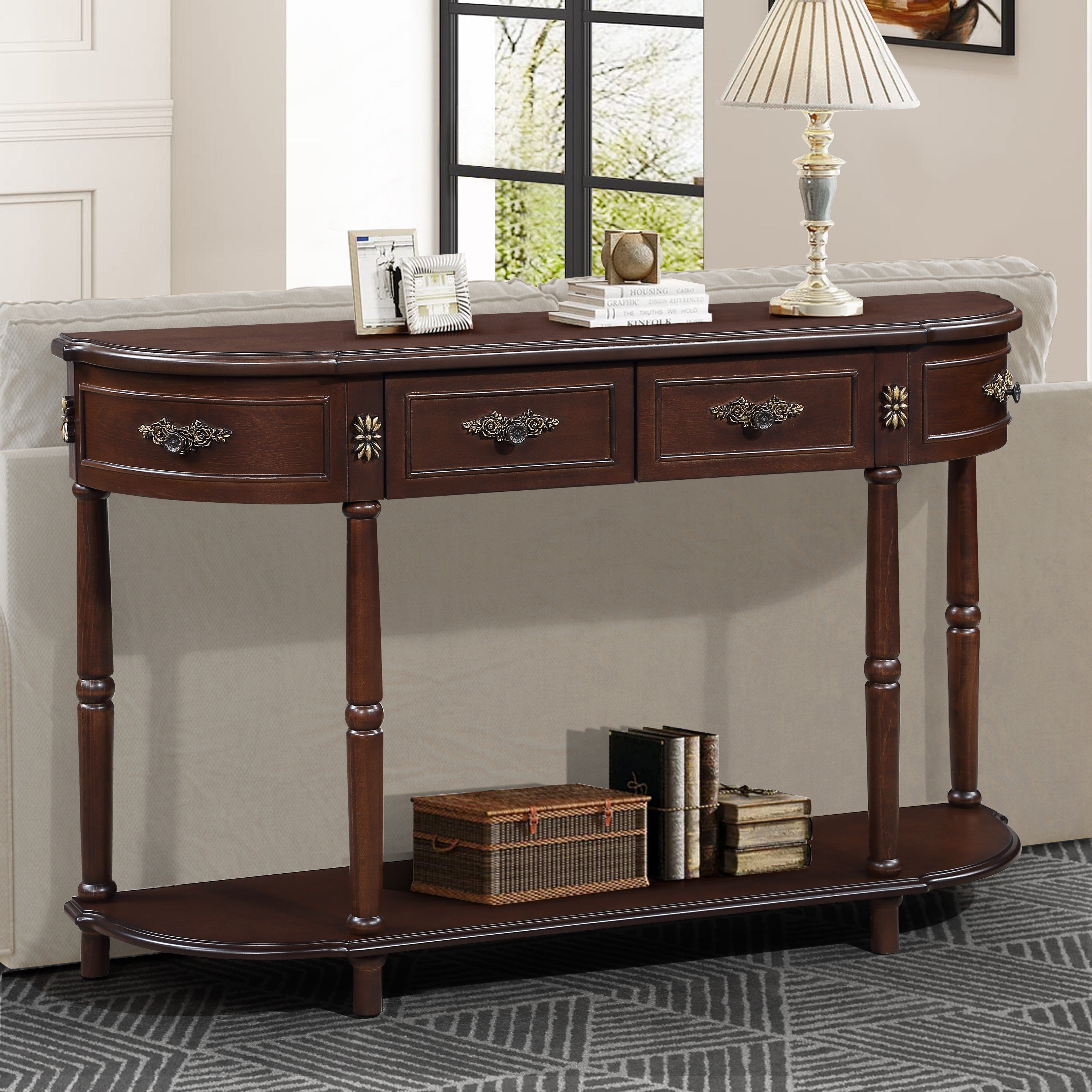 Retro Curved Wood Console Table, 52 inch Circular Half Moon Sofa Table with Open Shelf and 2 Drawers, Solid Wood Entry Table for Living Room, Hallway, Espresso