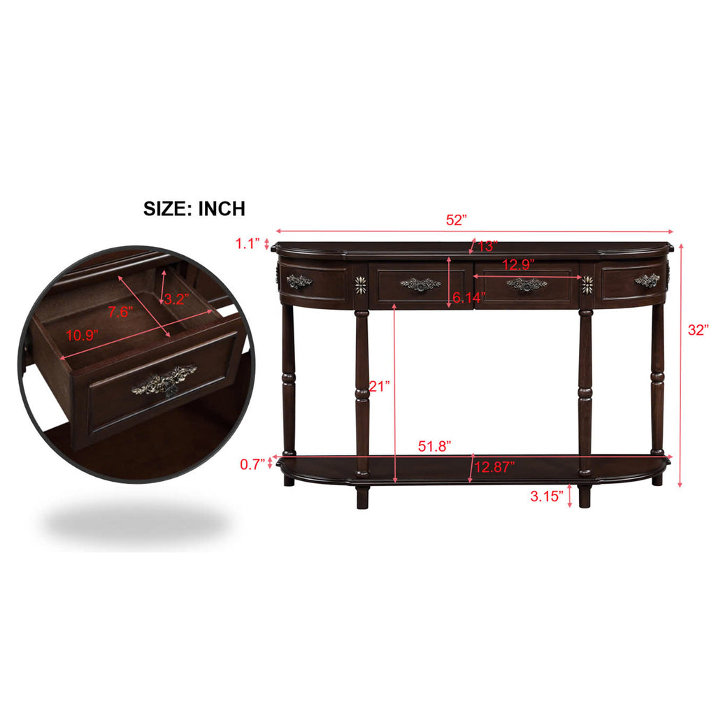 Retro Curved Wood Console Table, 52 inch Circular Half Moon Sofa Table with Open Shelf and 2 Drawers, Solid Wood Entry Table for Living Room, Hallway, Espresso