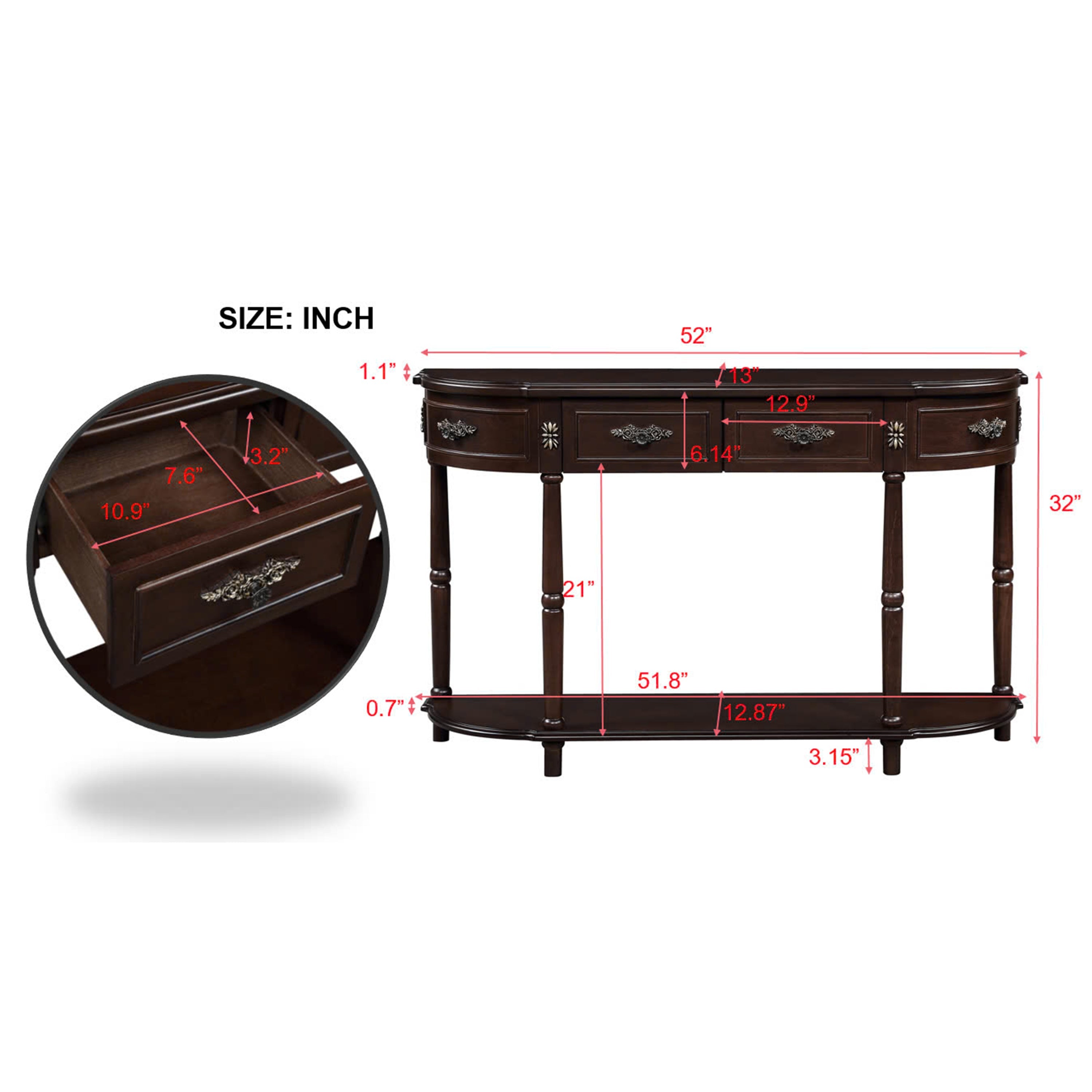 Retro Curved Wood Console Table, 52 inch Circular Half Moon Sofa Table with Open Shelf and 2 Drawers, Solid Wood Entry Table for Living Room, Hallway, Espresso