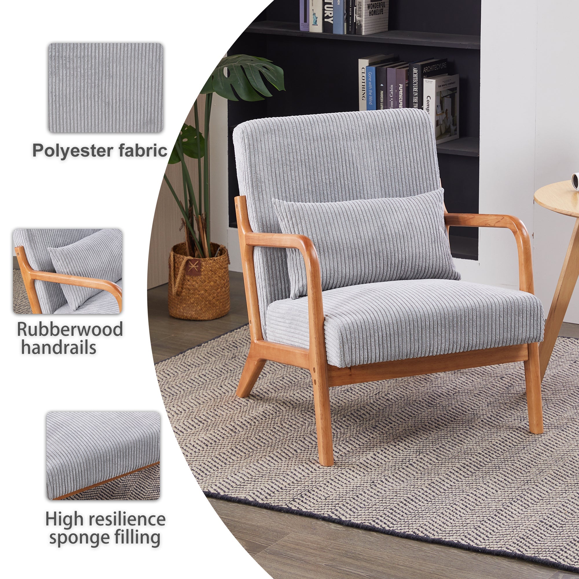 Mid-Century Modern Accent Chair with Pillow, Upholstered Arm Chair in Antique Dark Grey, Solid Wood Frame(Antique Dark Grey)