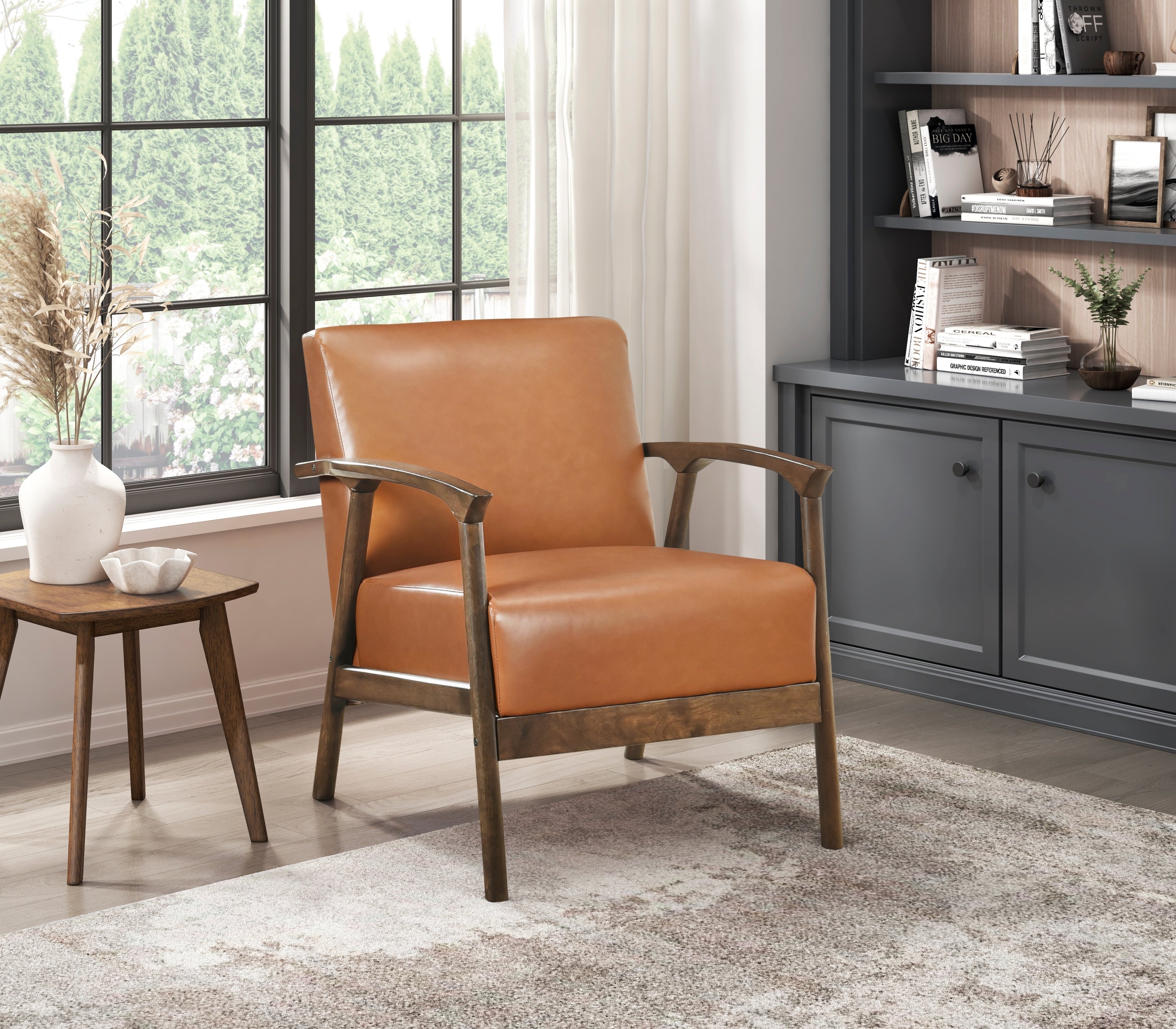 Brown Faux Leather Upholstered Accent Chair 1pc Seat Cushion Solid Rubberwood Frame Living Room Furniture