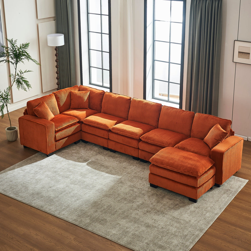 Modern U Shaped 6-seat Sectional Sofa Couch with one Ottoman and three toss pillows ,Modular Sofa for Living Room,Corduroy sofa