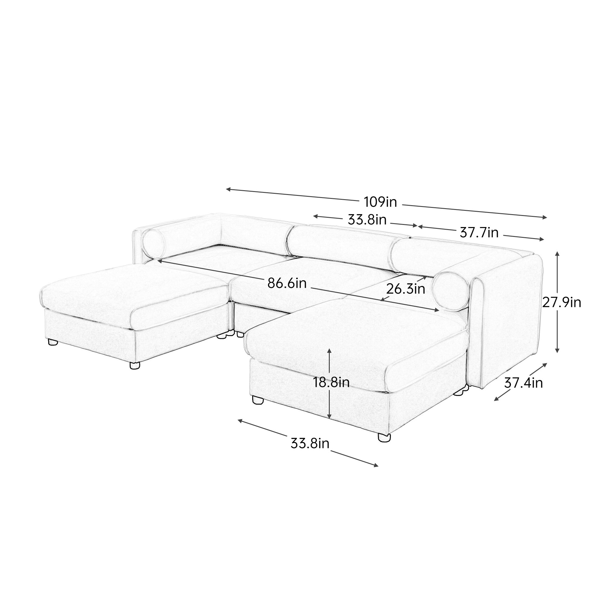 Elegant Green Chenille  Sofa with Storage Seat and Ottoman, U-Shaped 3-Seater Cylindrical Backrest and Armrests, Contemporary 3-Seater Fabric Couch with Hidden Storage Compartment