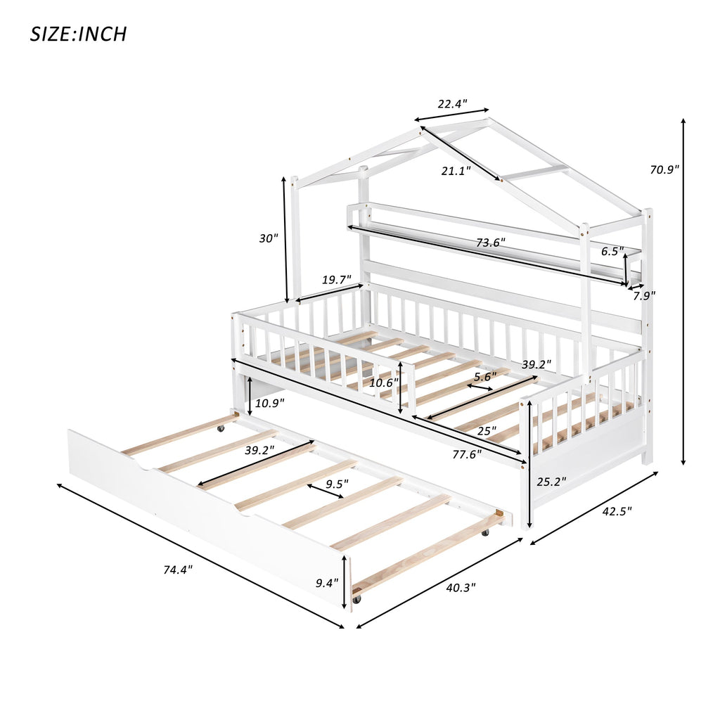 Wooden Twin Size House Bed with Trundle,Kids Bed with Shelf, White(Old SKU:WF301682AAK)