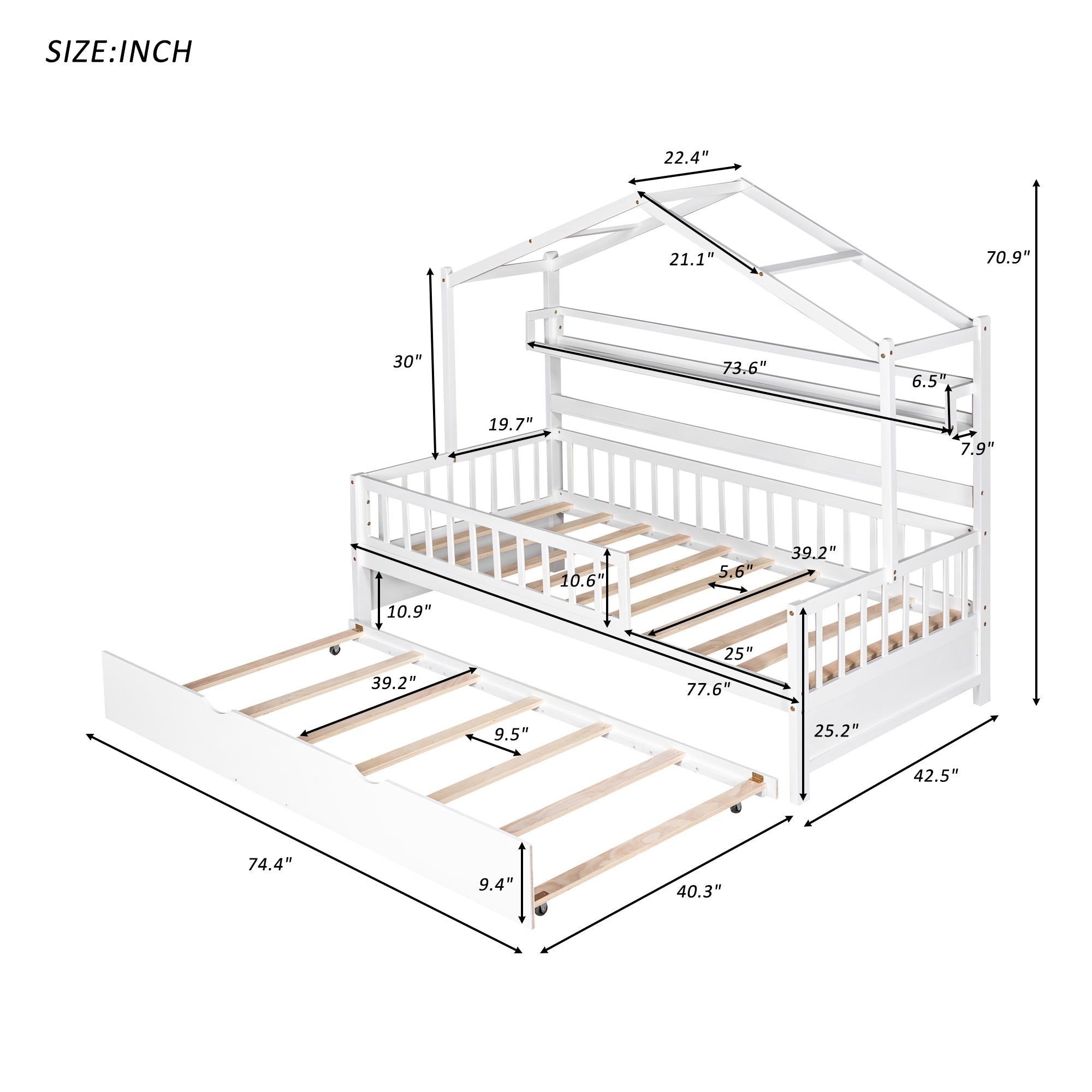 Wooden Twin Size House Bed with Trundle,Kids Bed with Shelf, White(Old SKU:WF301682AAK)