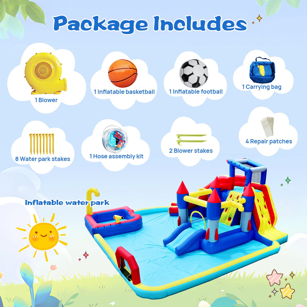 Inflatable 10 in1 slide water park  bouncing house garden with splash pool & water gun & basketball & climbing wall & dual pools & soccer