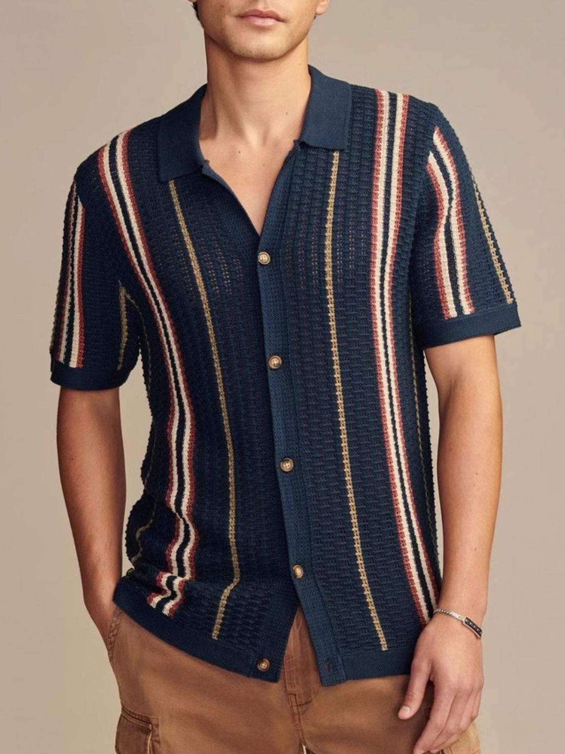 Striped Collared Neck Short Sleeve Shirt