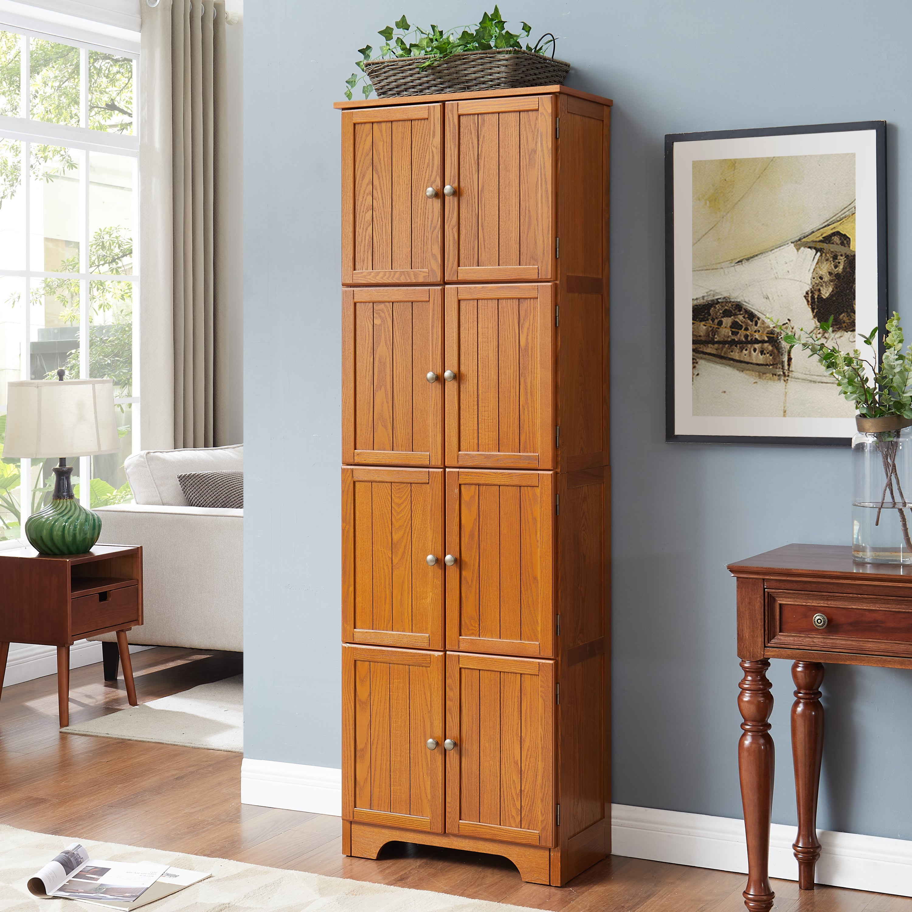 72.4' Tall Storage Cabinet Tall Storage Cabinet with 8 Doors and 4 Shelves ,Bookshelf Living Room, Kitchen, Dining Room, Office  Freestanding Storage Cabinet,Oak
