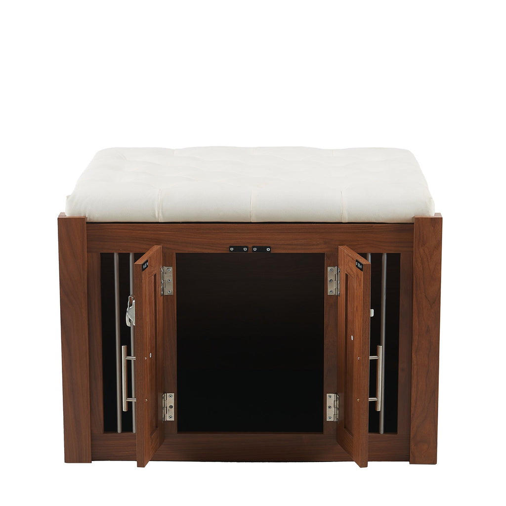 30.25'L, 2 in 1 Dog Crate with Padded Seat, Sliding Barn Door, Luxury Wooden Dog Kennel, End of Bed Bench Ottoman with Removable Cushion for Bedroom, Living Room, Walnut