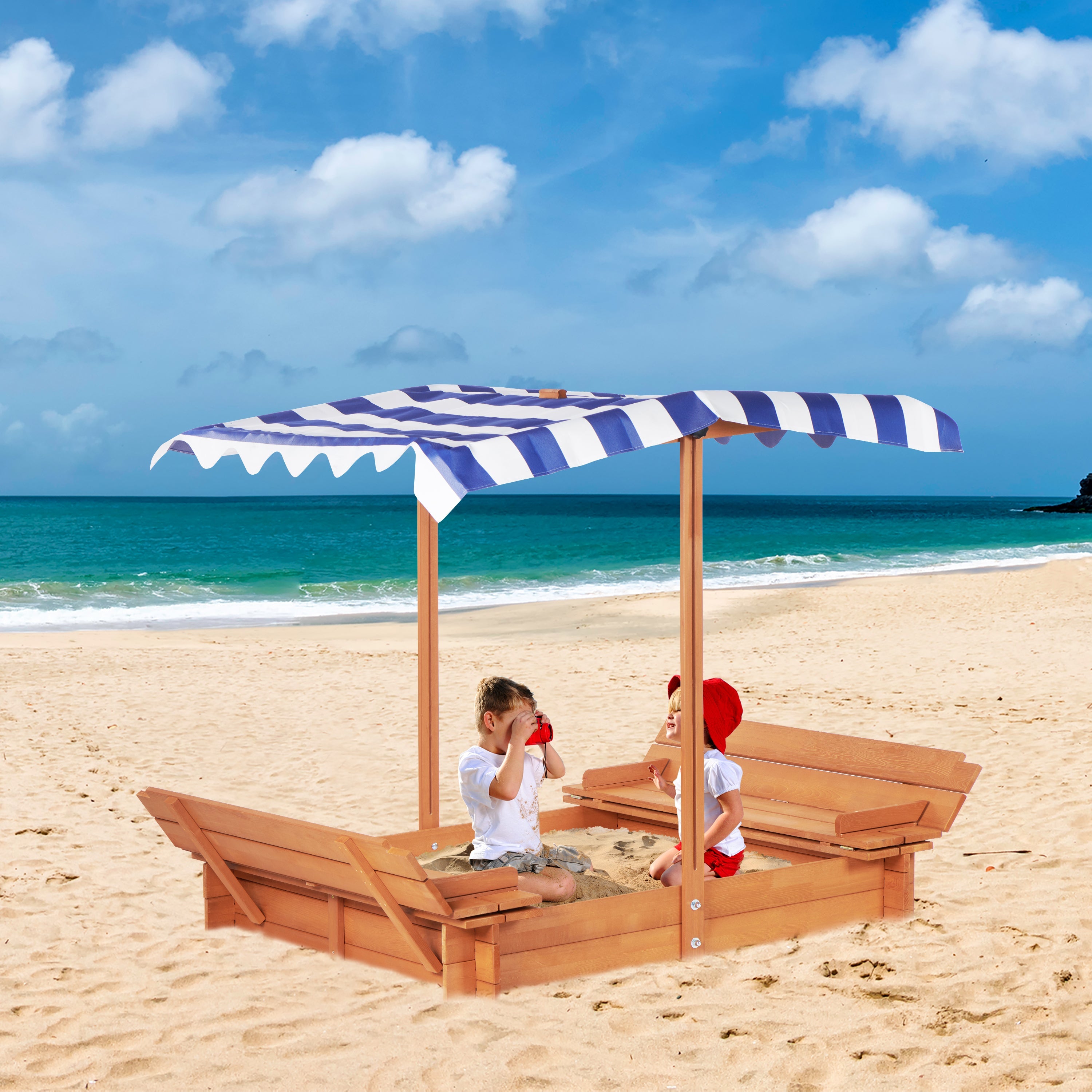 Kids Sandbox with Adjustable Cover, 46'' Wooden Sand Box with 2 Foldable Bench Seats, Outdoor Sandpit for Backyard Play